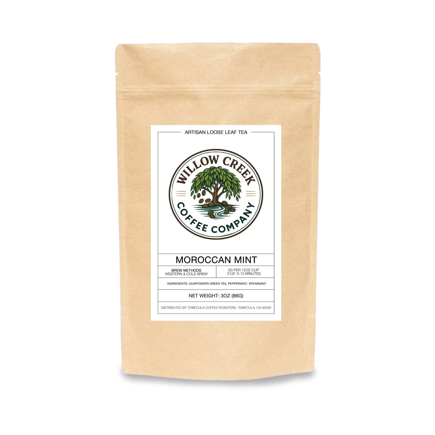 Kraft paper tea bag with Willow Creek Coffee Company label on a white background