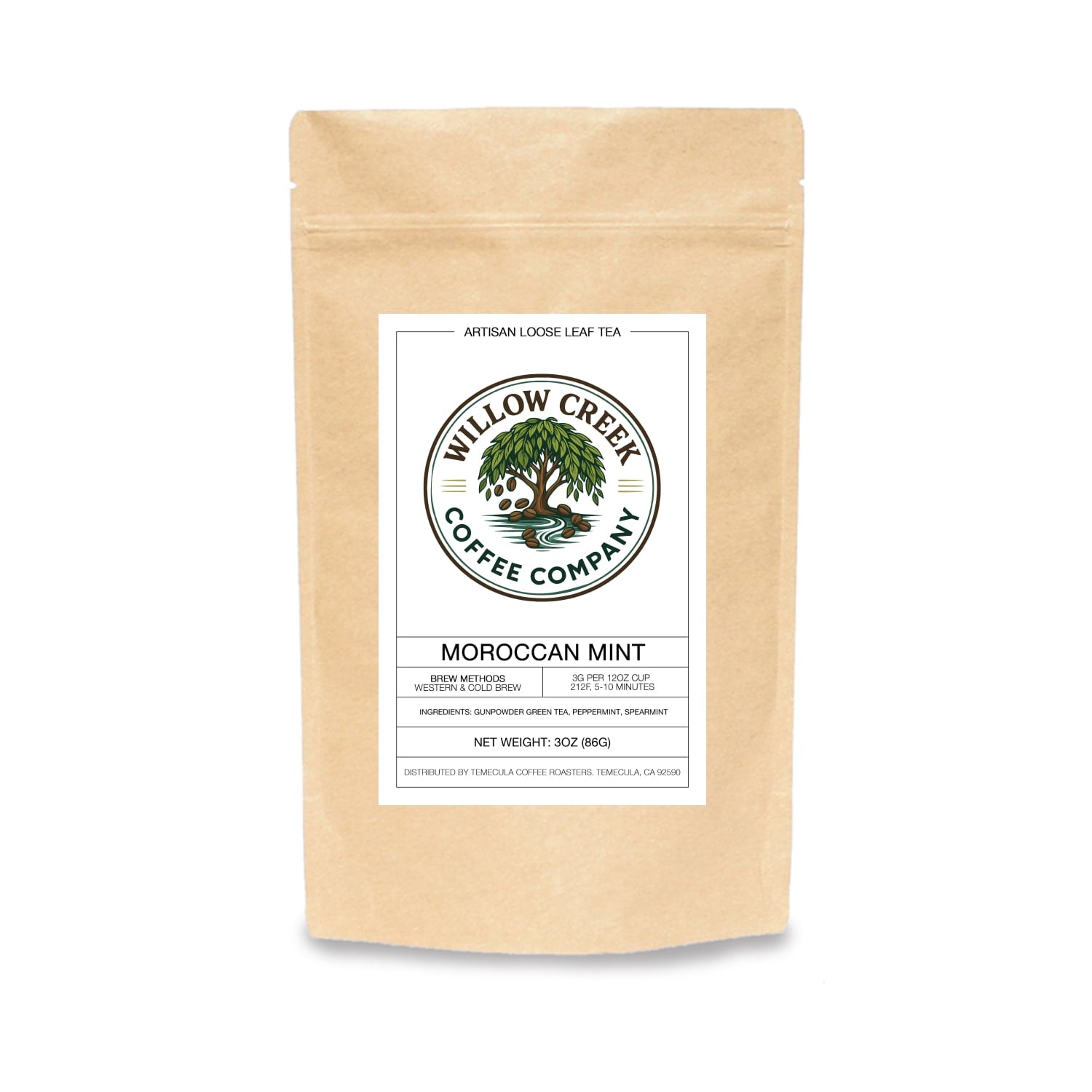 Kraft paper tea bag with Willow Creek Coffee Company label on a white background