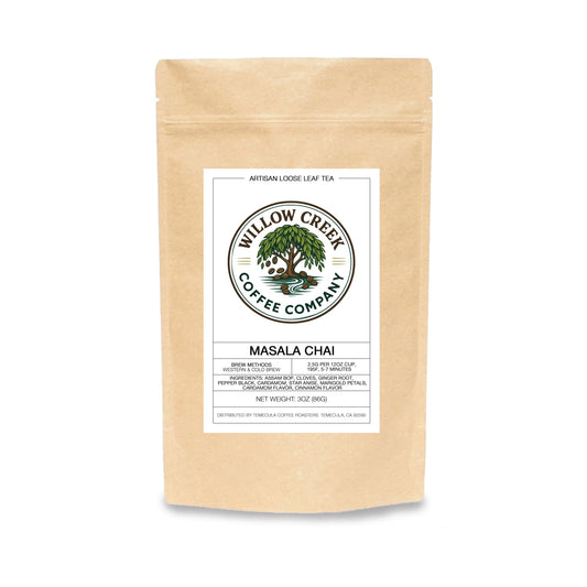 Kraft paper tea bag with Willow Creek Coffee Company label on a white background