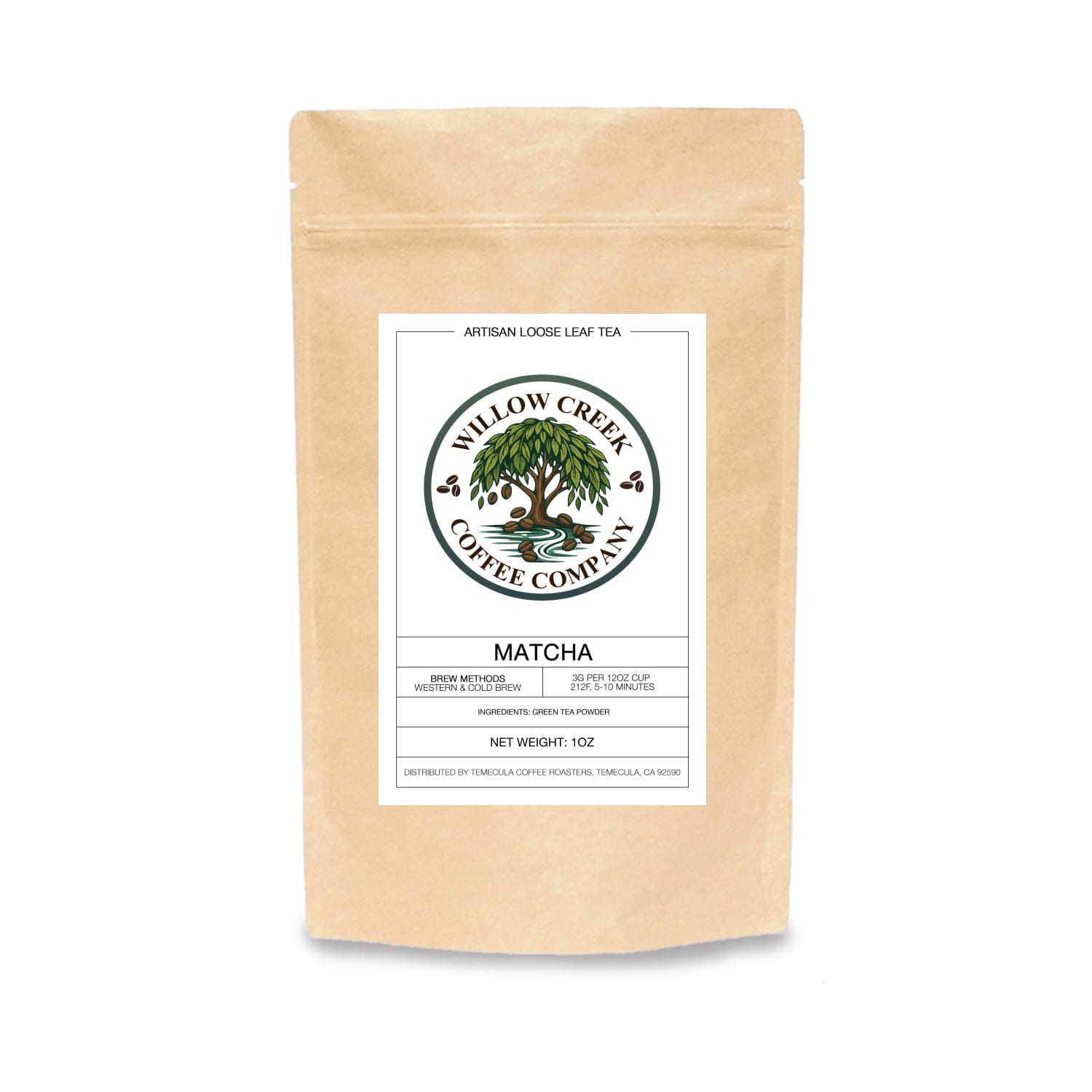 Matcha tea package from Willow Creek Coffee Company on a white background