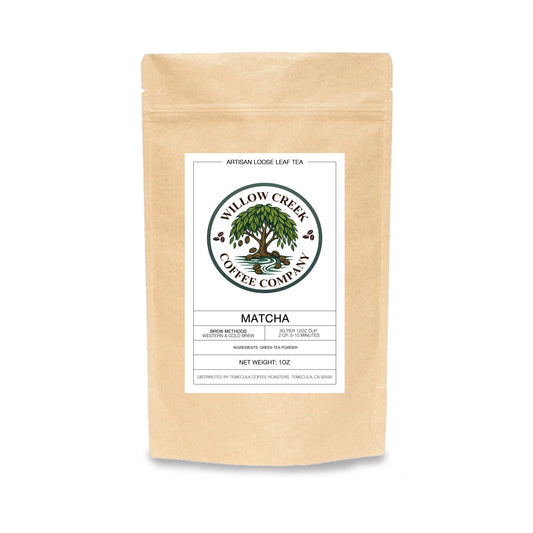 Matcha tea package from Willow Creek Coffee Company on a white background