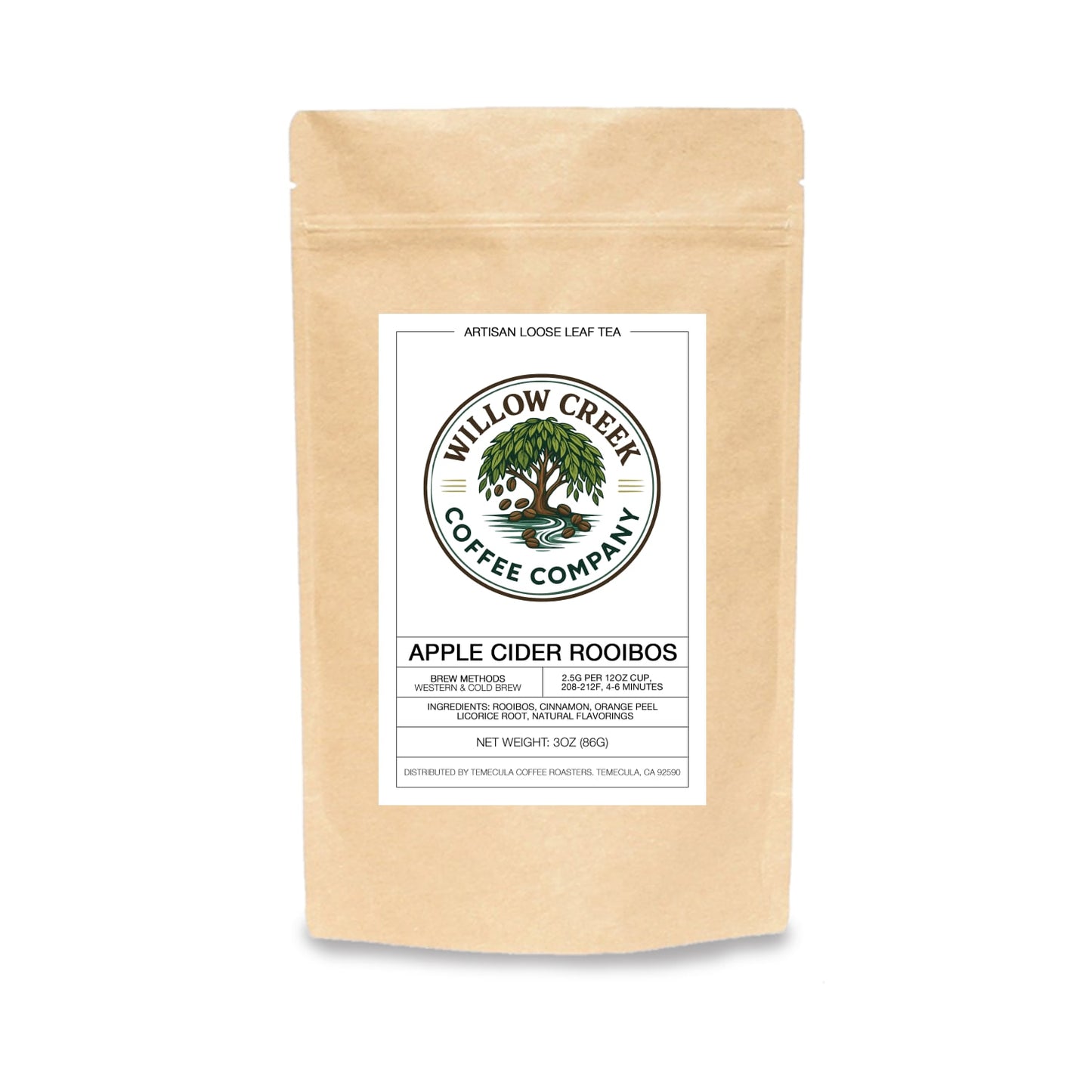 Willow Creek Coffee Company Apple Cider Rooibos tea package on a white background