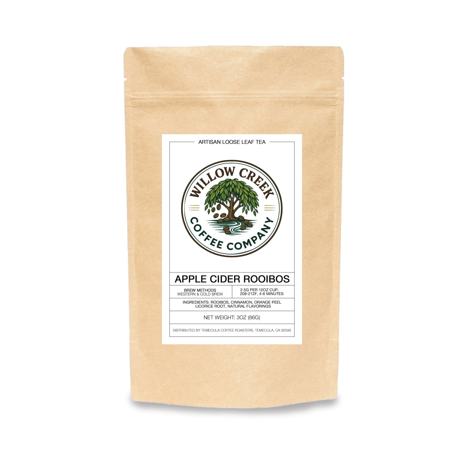 Willow Creek Coffee Company Apple Cider Rooibos tea package on a white background