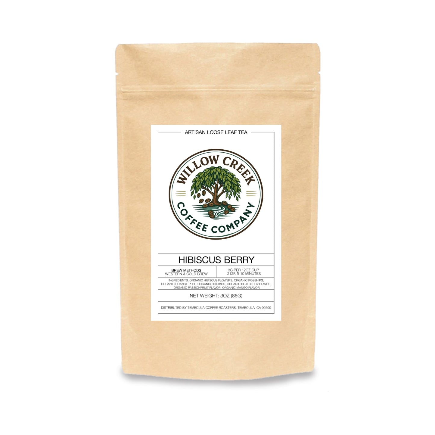 Willow Creek Coffee Company hibiscus berry tea package on a white background