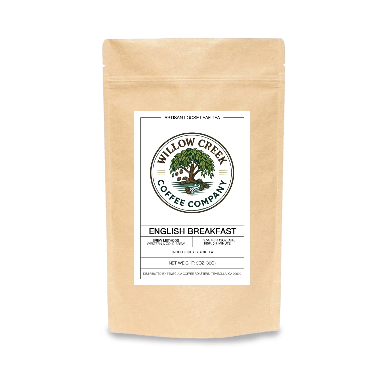 Willow Creek Coffee Company English Breakfast tea package on a white background