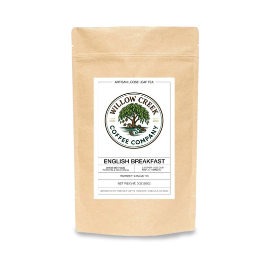 Willow Creek Coffee Company English Breakfast tea package on a white background