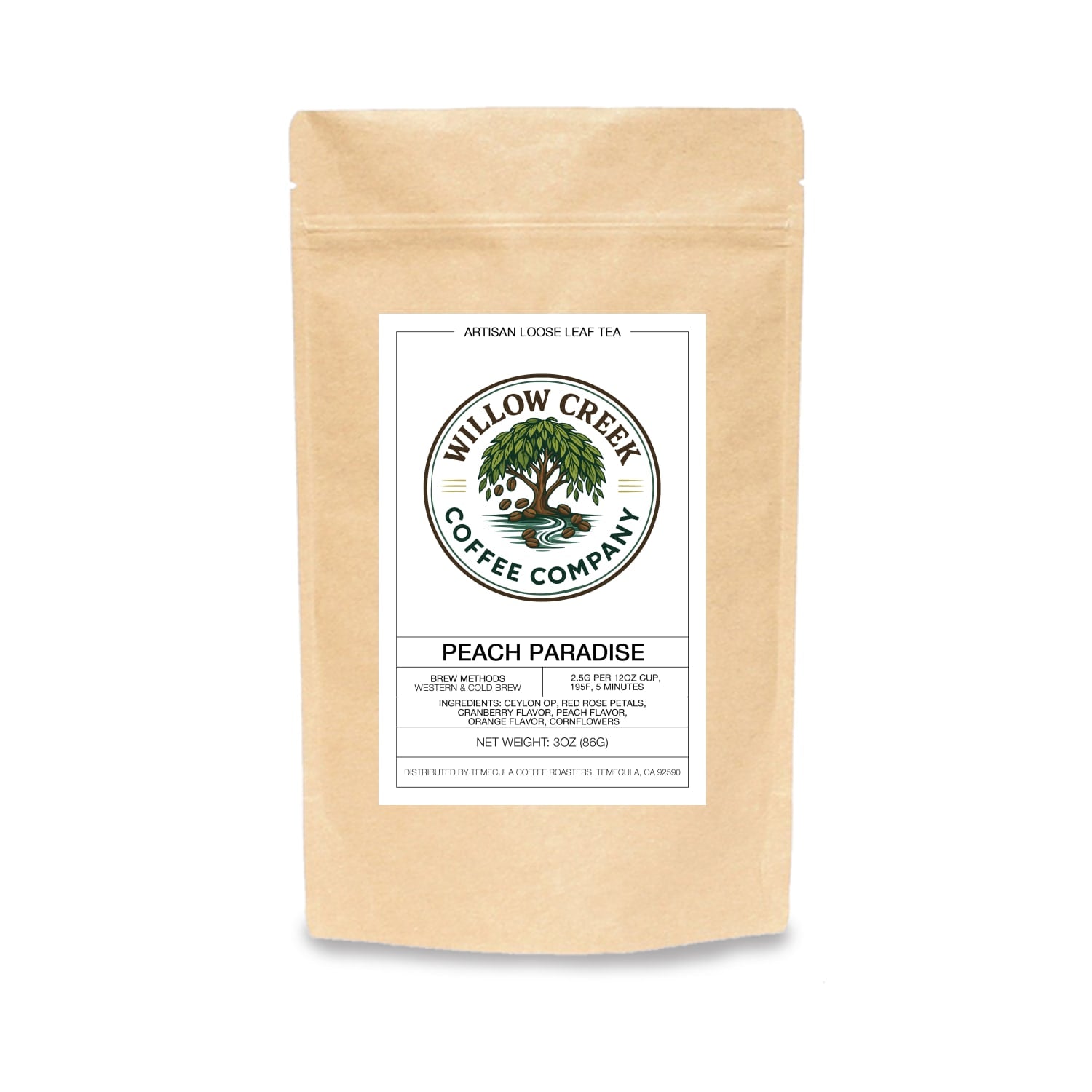 Willow Creek Coffee Company peach Paradise coffee package on a white background