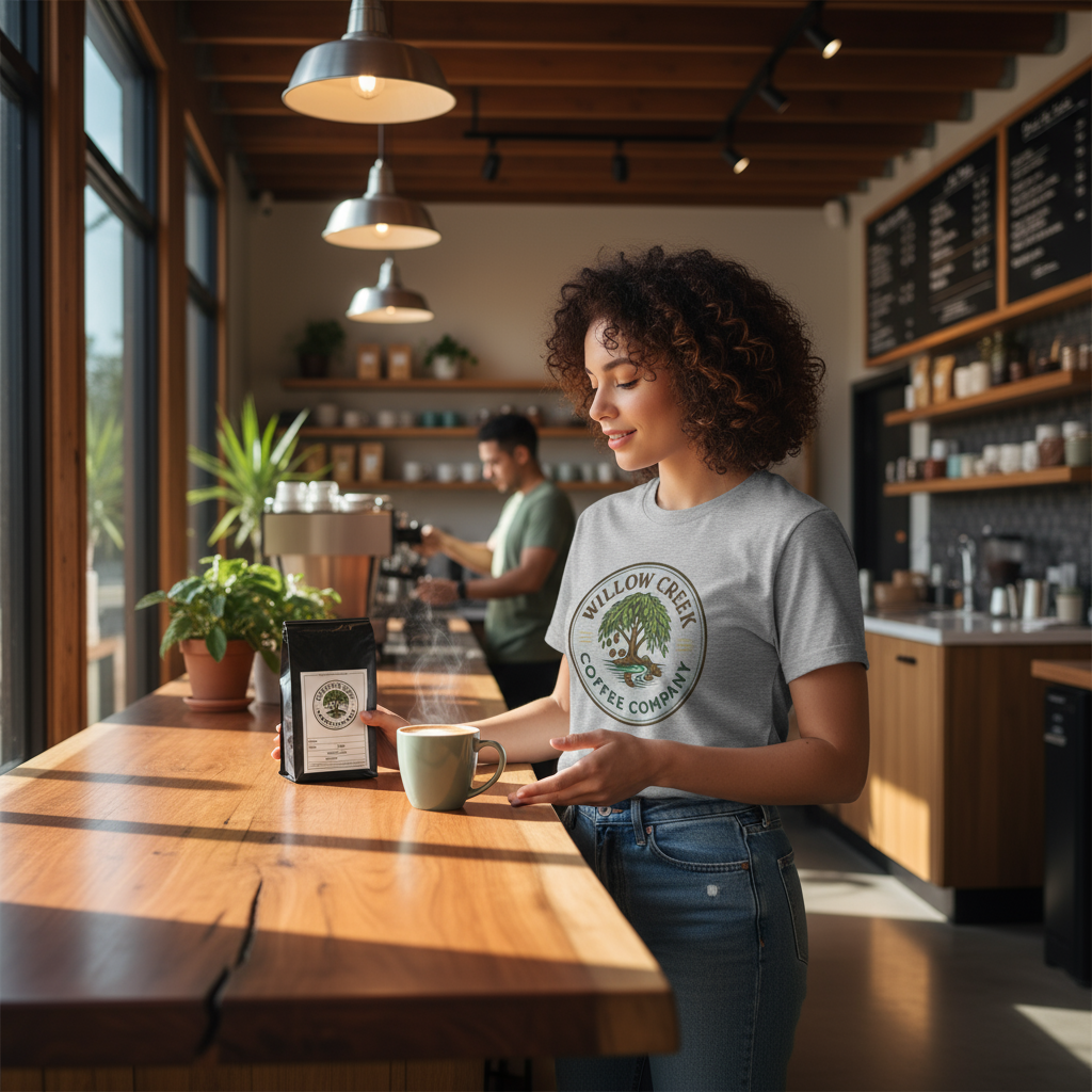 Lifestyle ad with grey tee and coffee bag