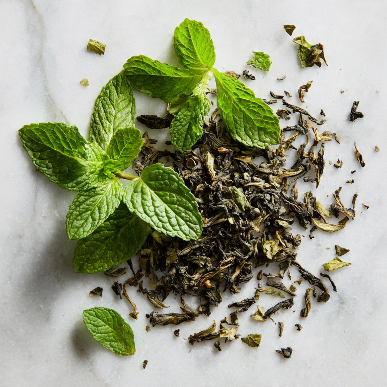 Green tea leaves with fresh mint