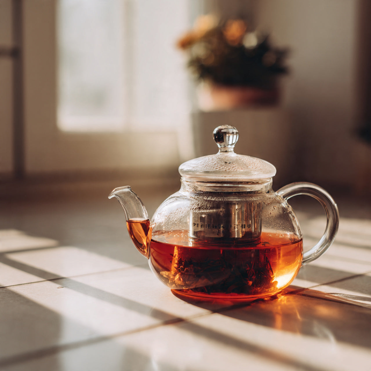 Clear glass teapot with apple cider tea on a wooden surface with sunlight casting shadows