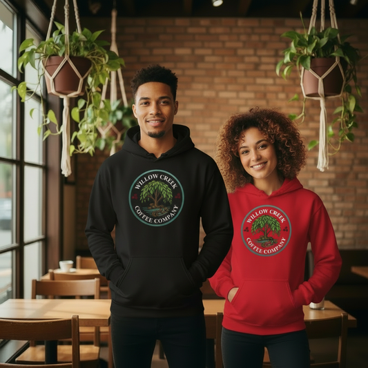Male and female models in Willow Creek hoodies