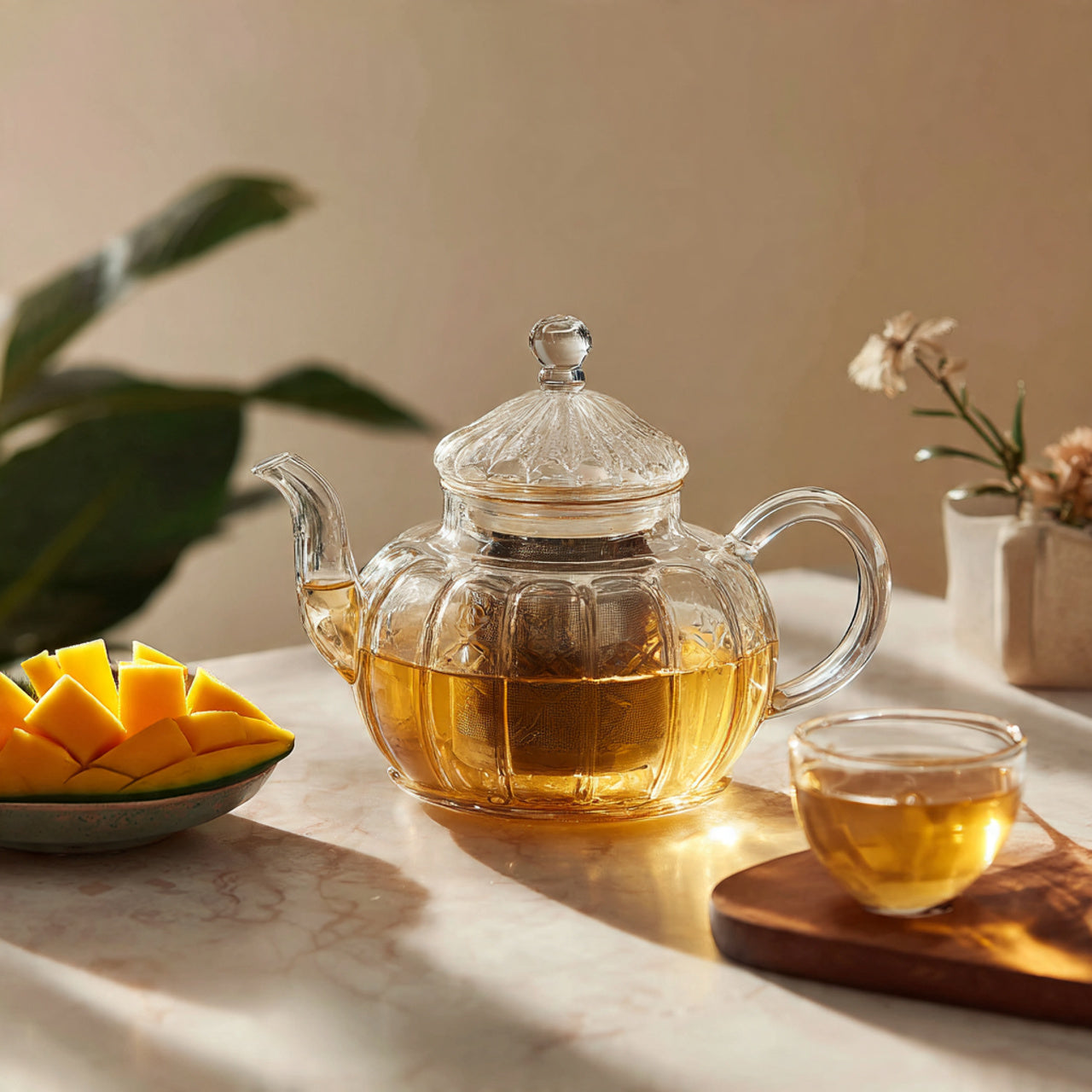 Mango tea steeping in teapot.