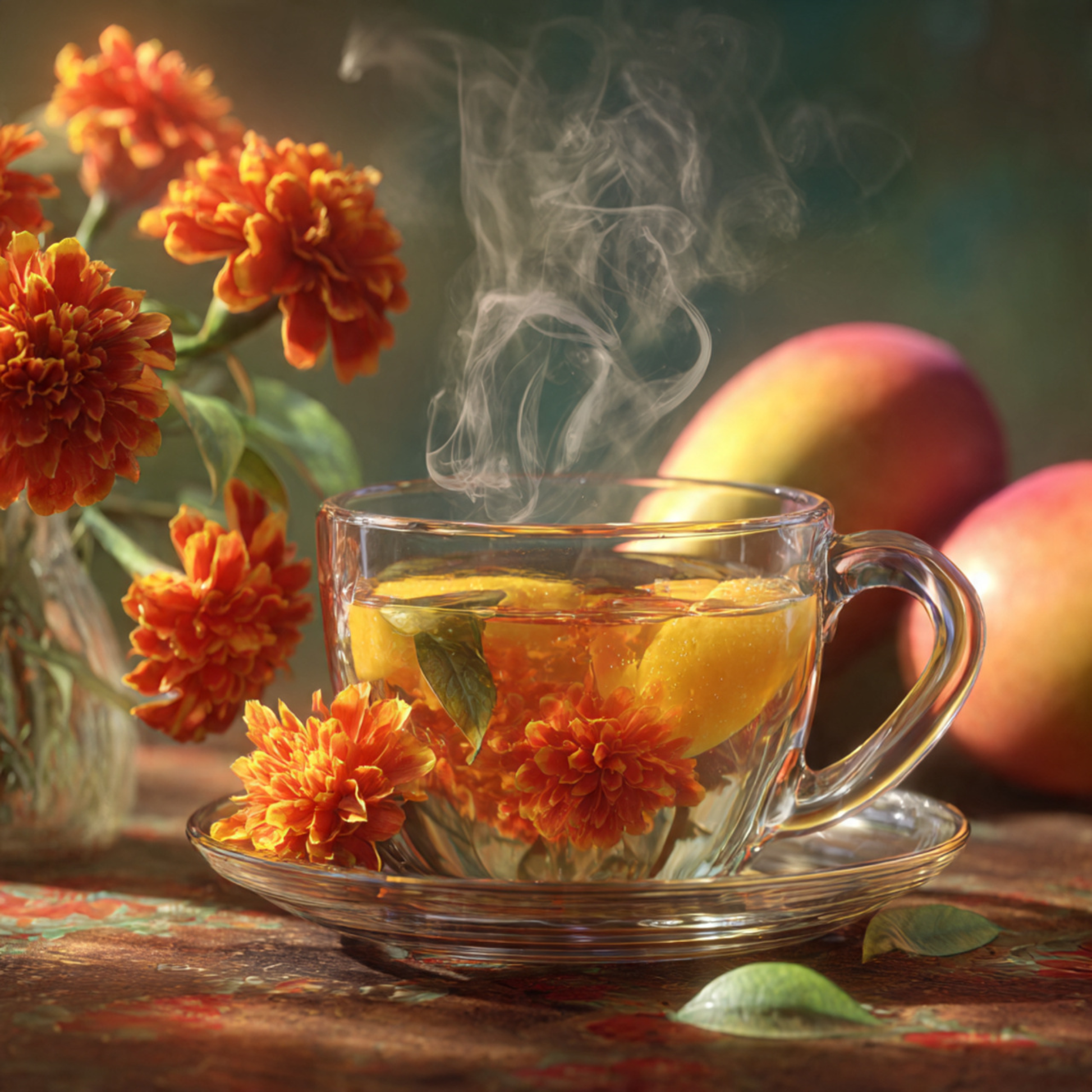 Steaming glass of tea with flowers and mangoes on a wooden table