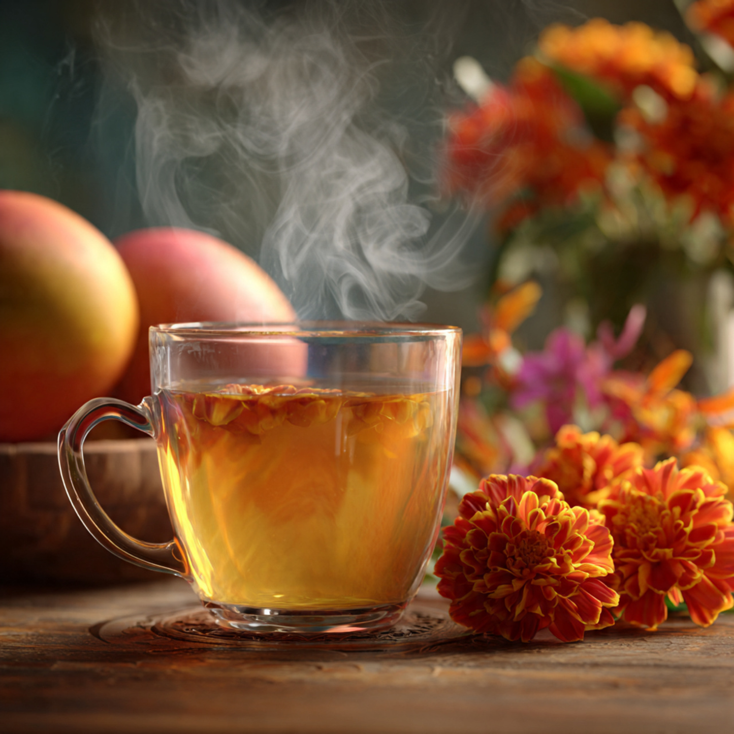 Steaming glass of tea on a wooden table with mangoes and flowers in the background