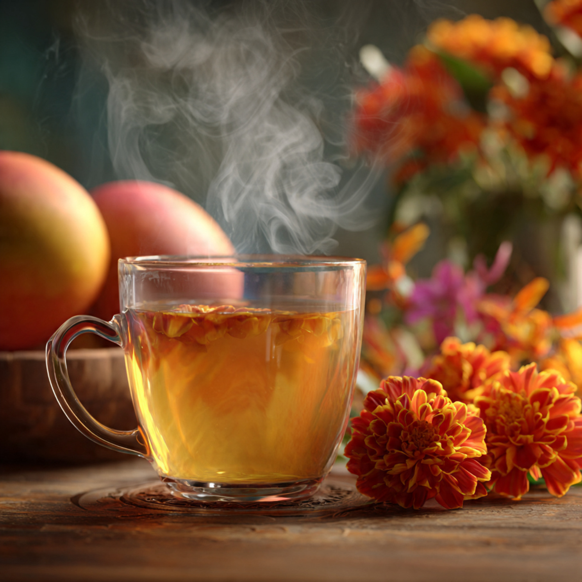 Steaming glass of tea on a wooden table with mangoes and flowers in the background