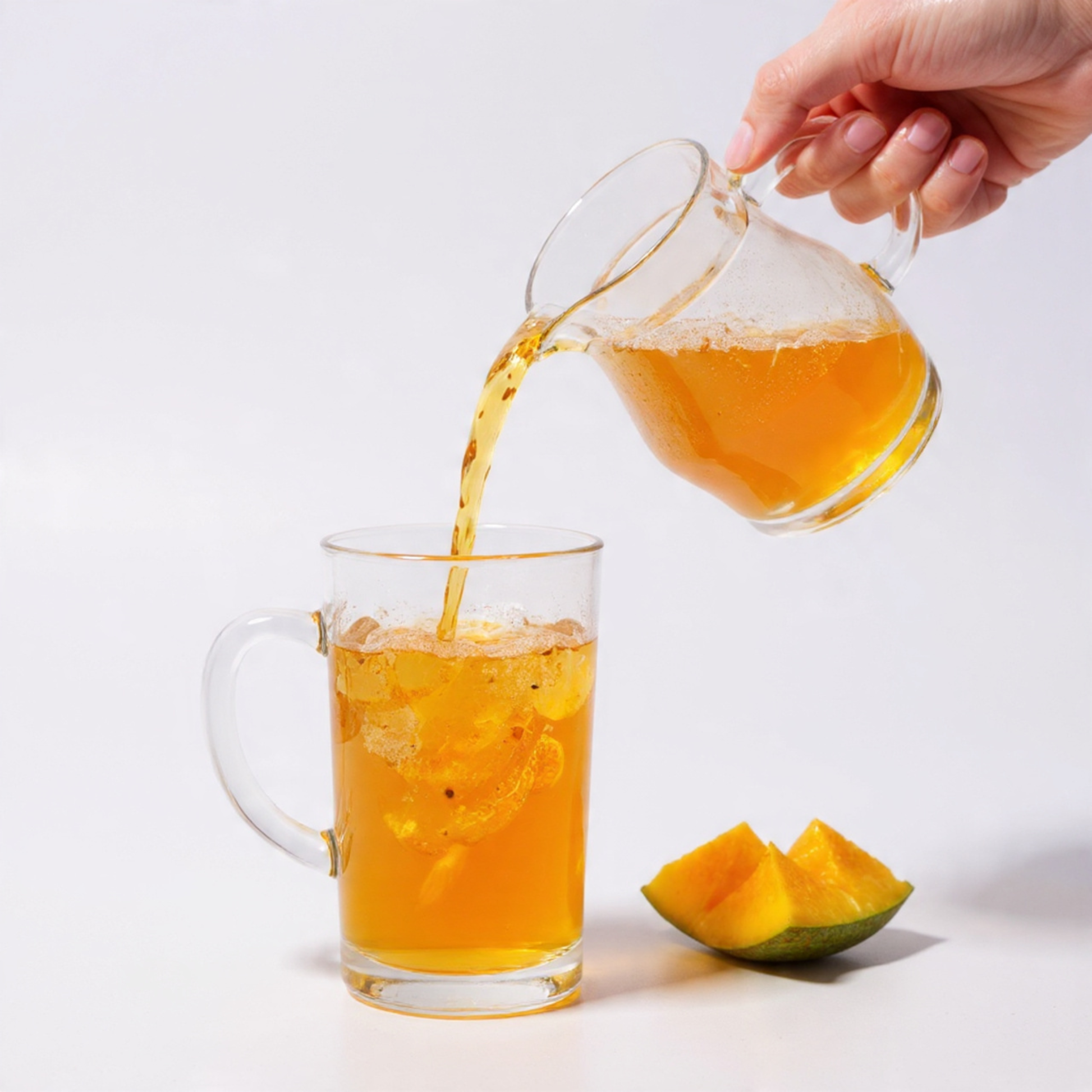 mango-treat-tea being poured from a pitcher into a glass with a slice of mango on a white background