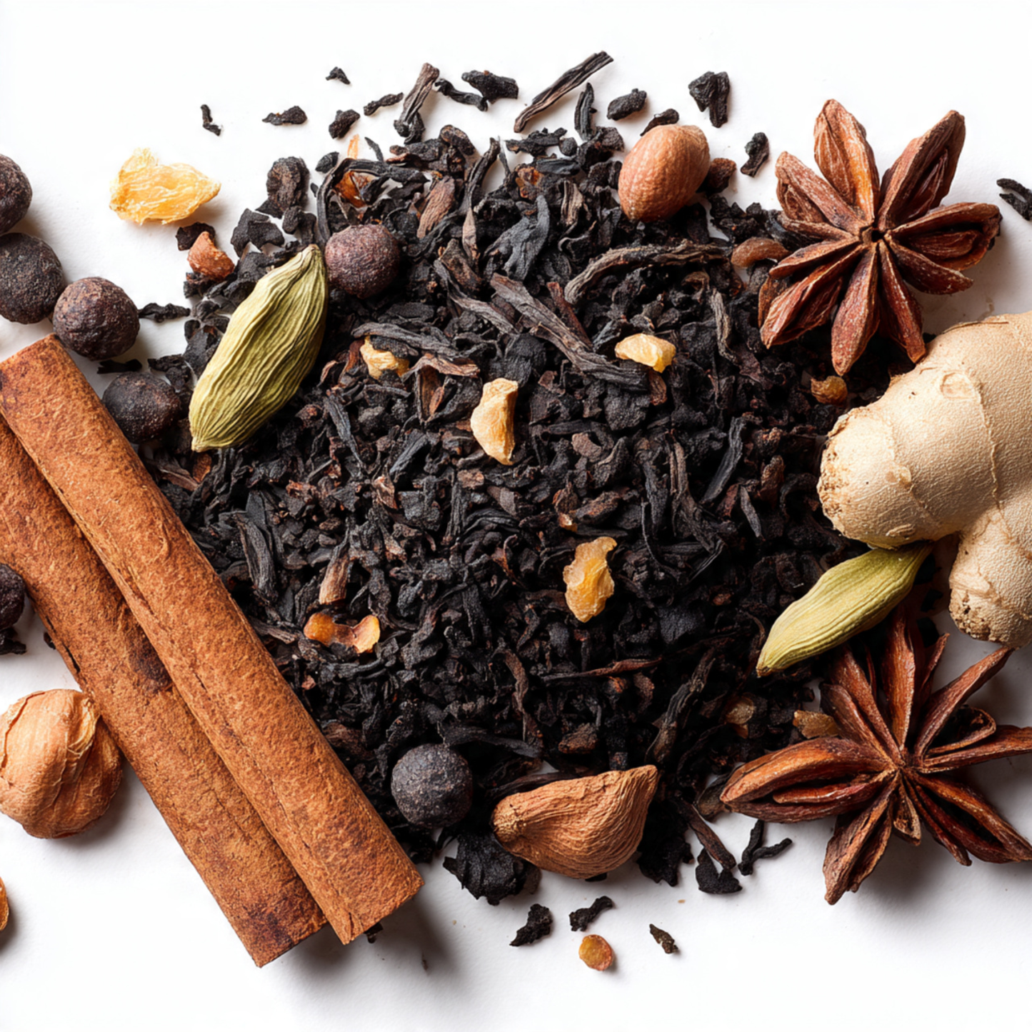 Spices and herbs including cinnamon sticks, star anise, cloves, and ginger on a white background