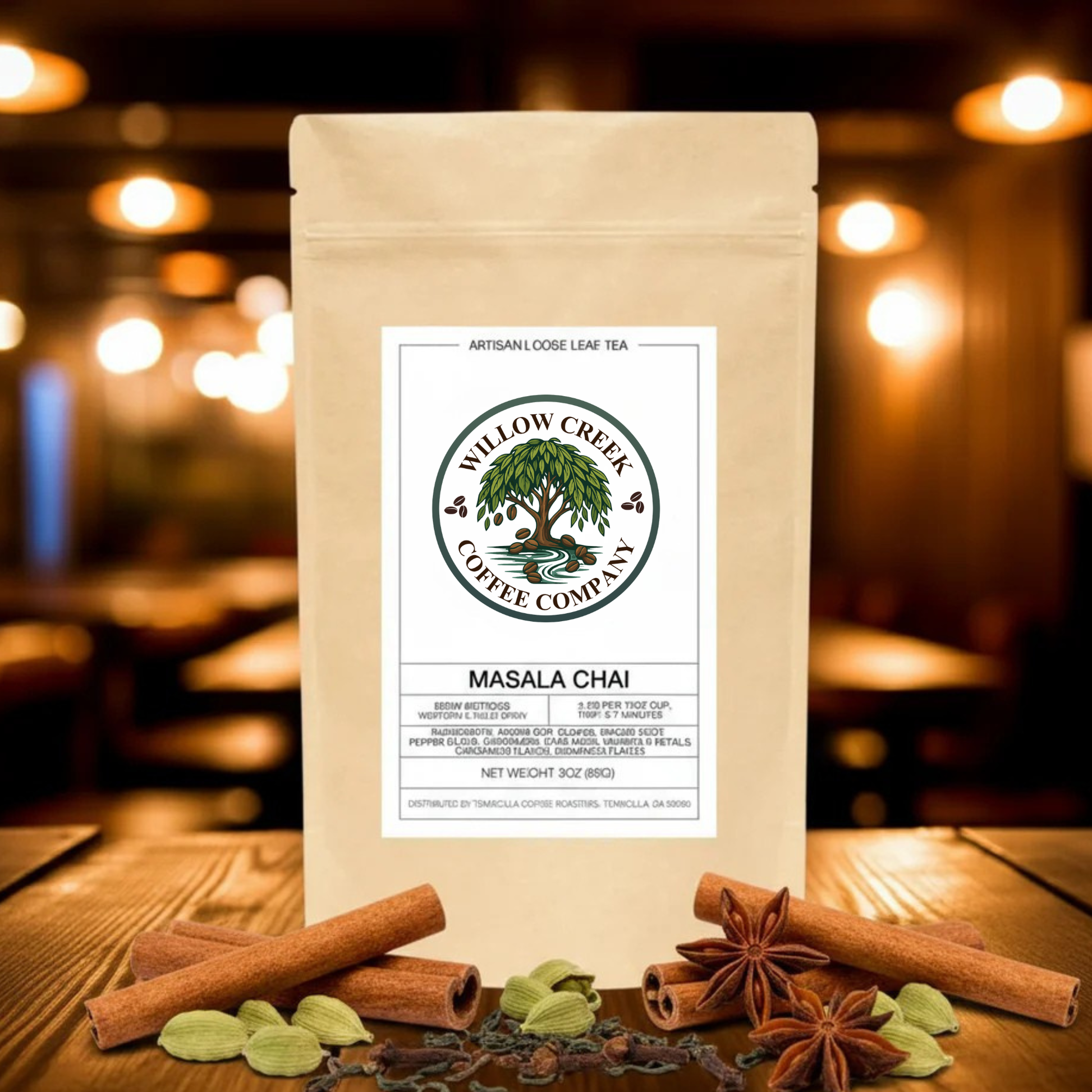 Bag of Willow Creek Coffee Company Masala Chai coffee on a wooden table with spices in the foreground.