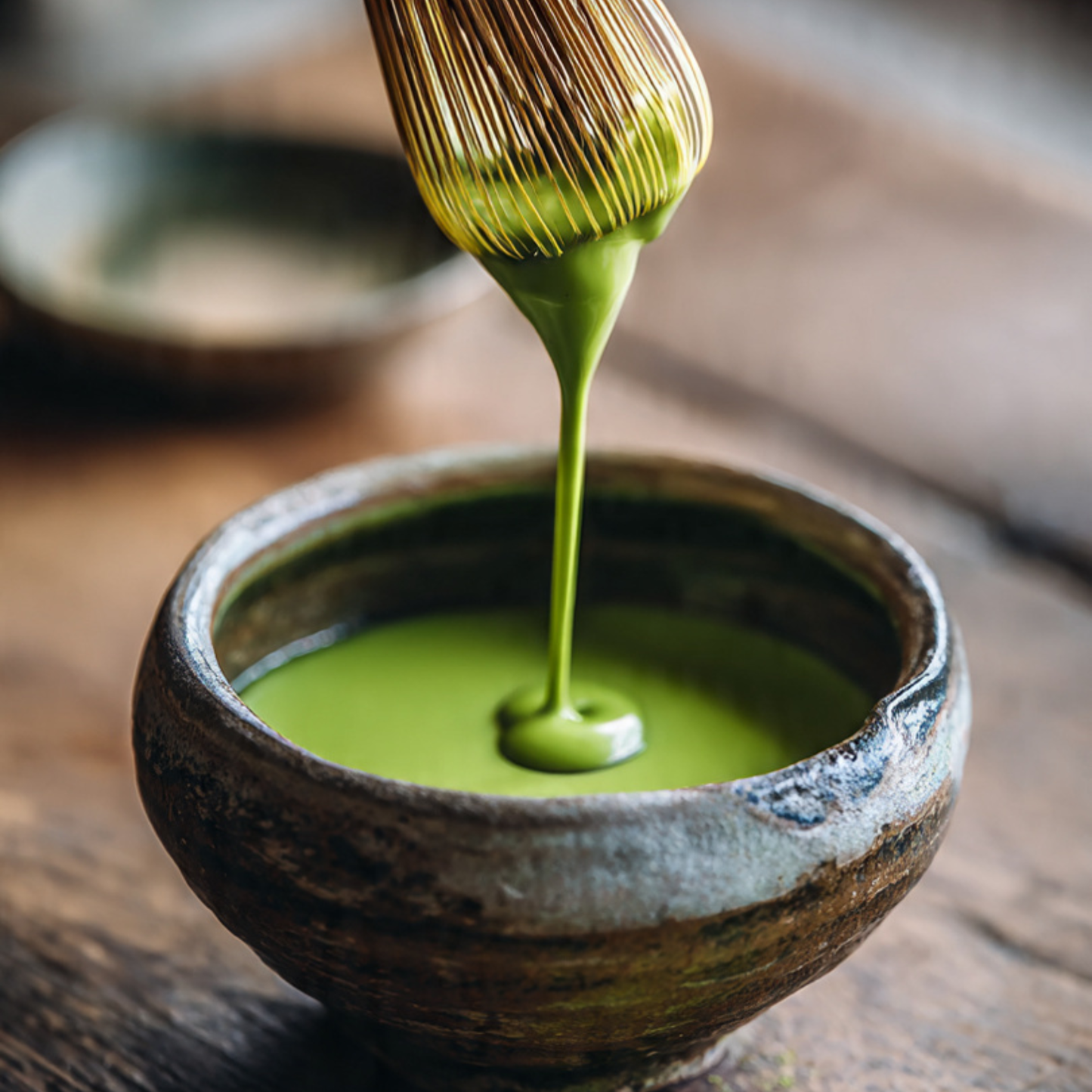 Matcha green tea being poured into a ceramic bowl with a whisk above.