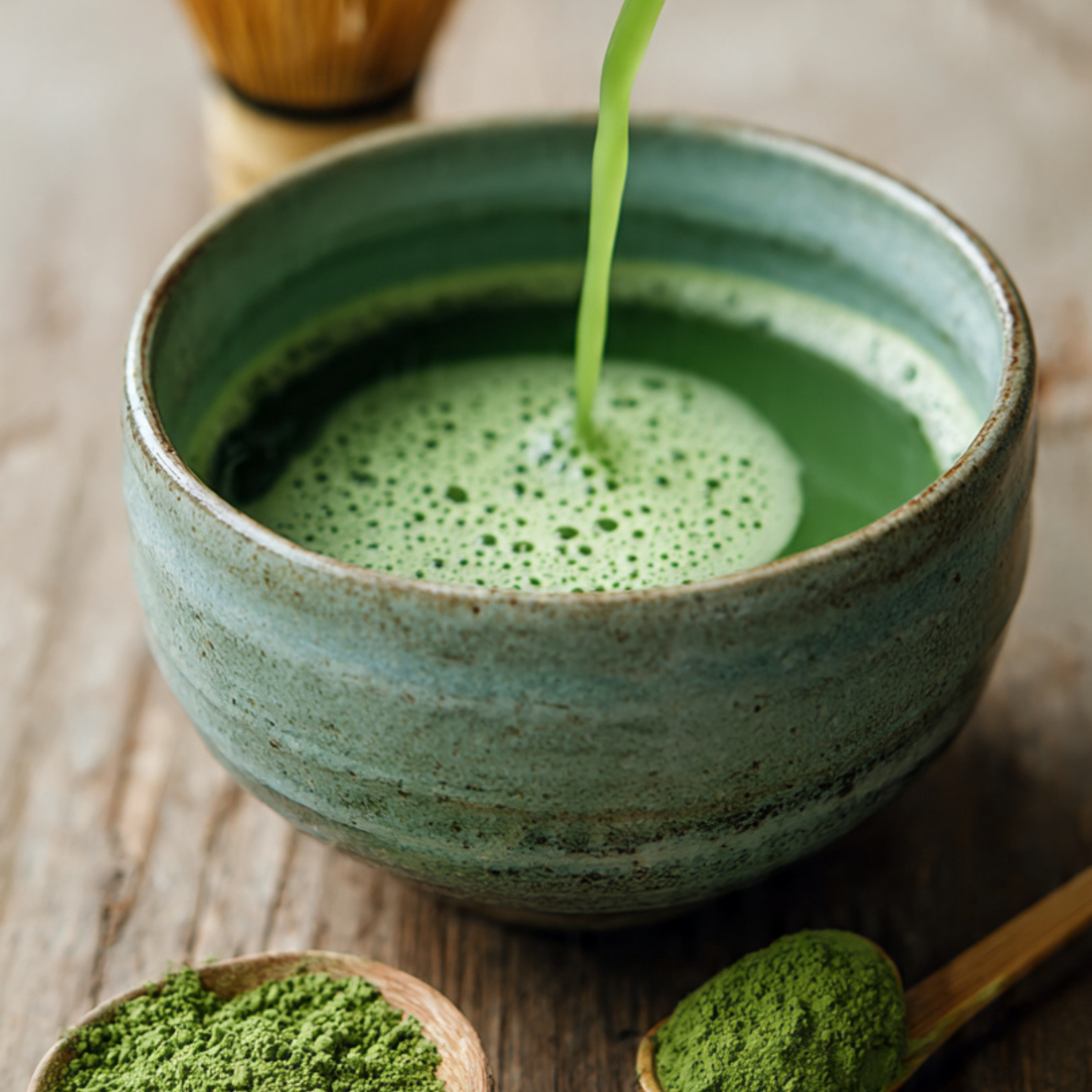 Green tea being poured into a ceramic bowl on a wooden surface with matcha powder and a whisk.