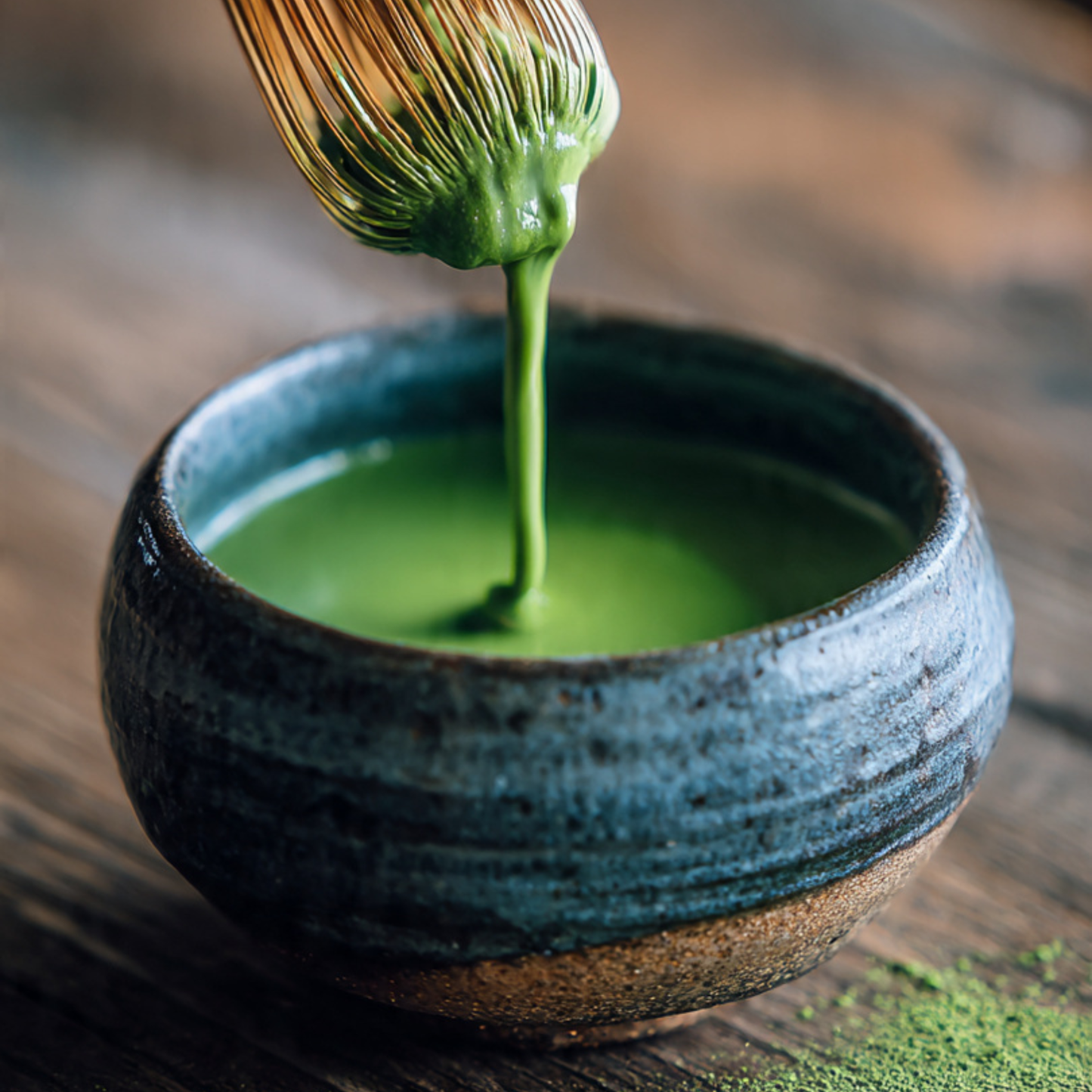 Green tea being poured into a ceramic bowl with a whisk on a wooden surface.
