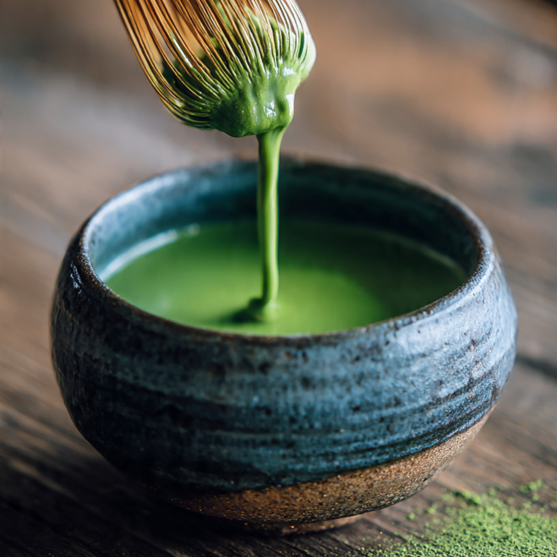 Green tea being poured into a ceramic bowl with a whisk on a wooden surface.