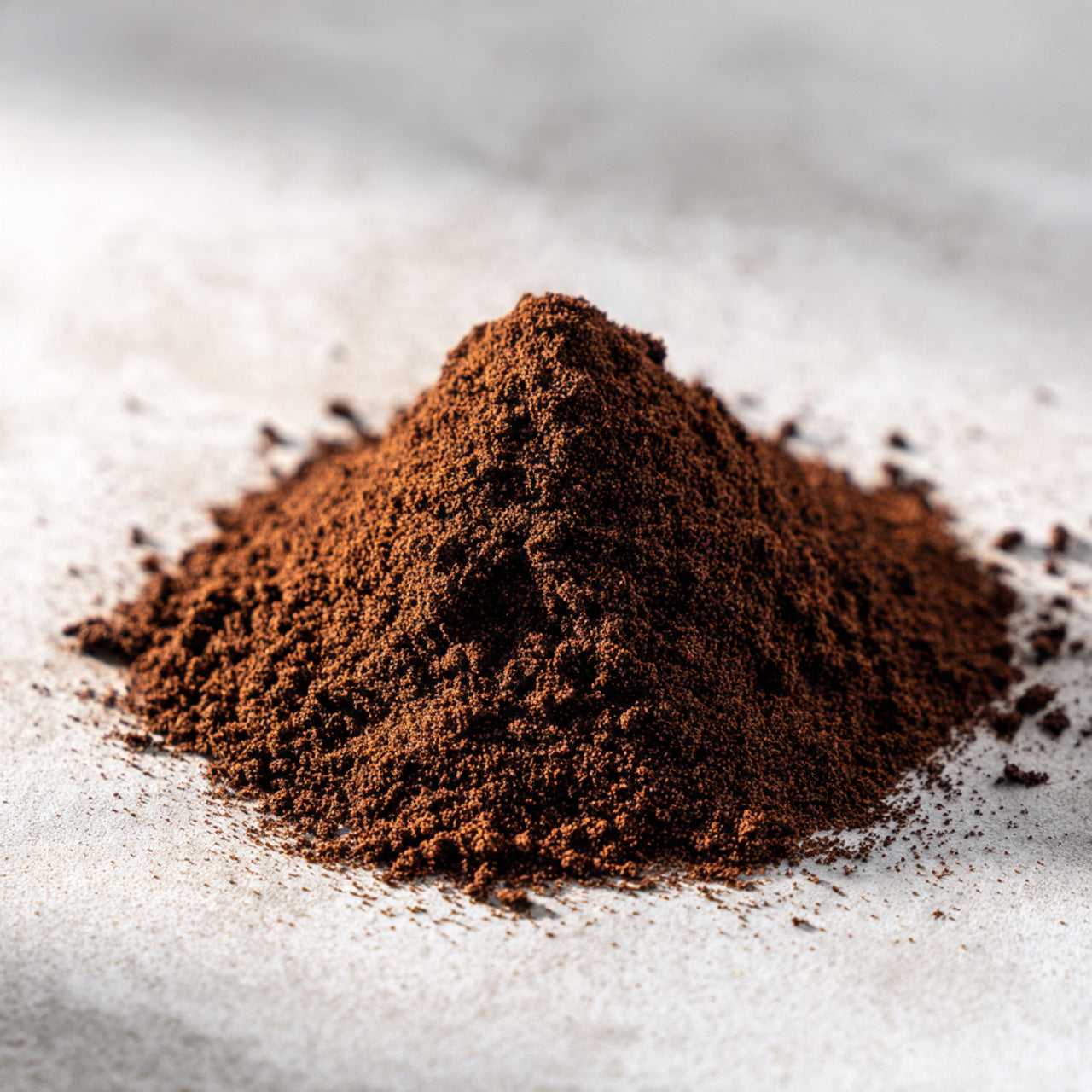 Close-up of a pile of max caf coffee grounds on a light gray background
