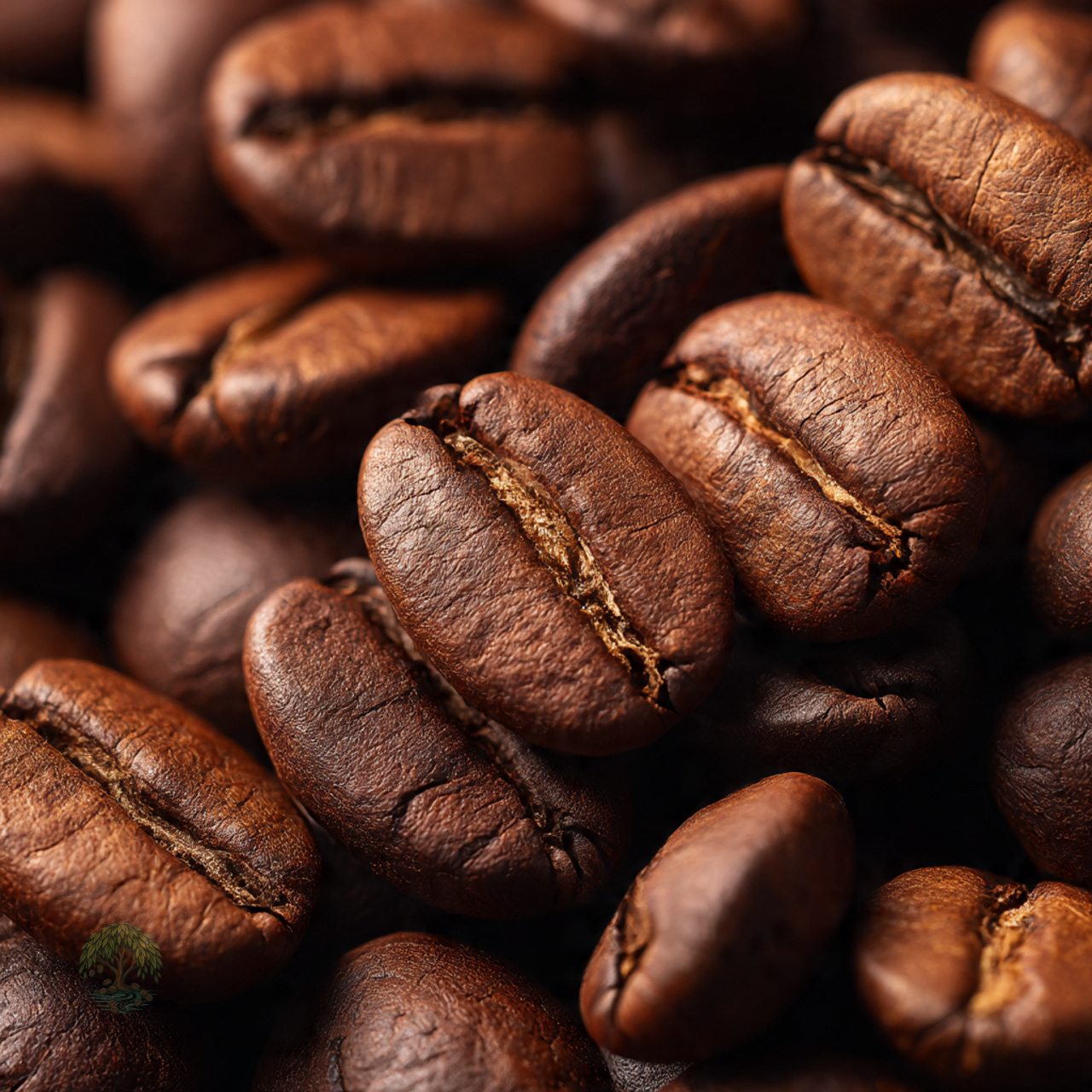 Close-up of roasted coffee beans with a medium brown color.