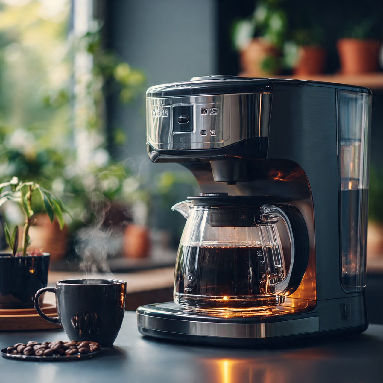 mexican chocolate Drip coffee brewing in glass pot on kitchen counter.