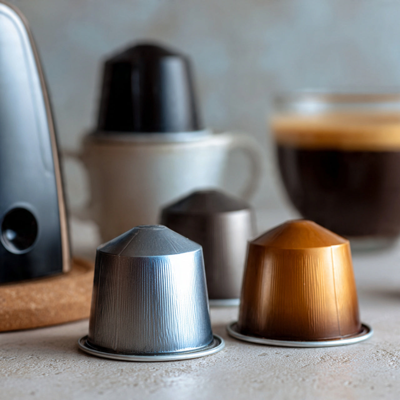 Two mexico coffee capsules, one silver and one brown, on a surface with a blurred coffee maker and cup in the background.