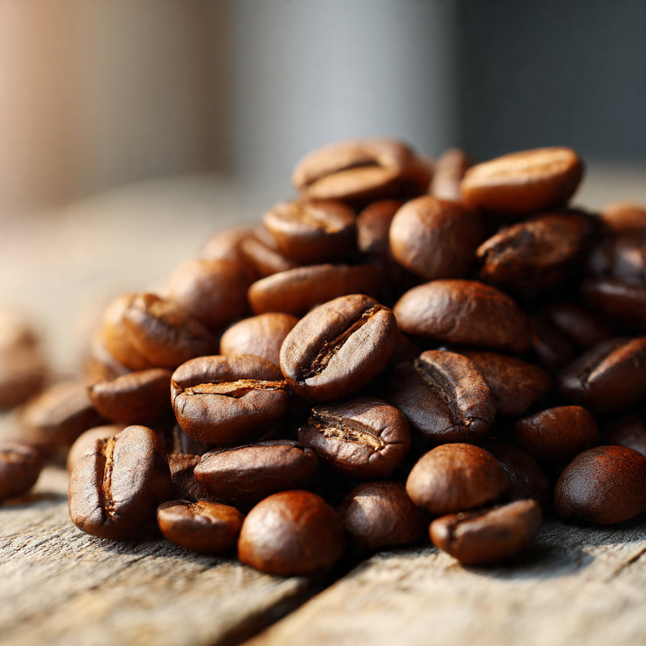 Roasted mexico pod
 coffee beans on a wooden surface with a blurred background