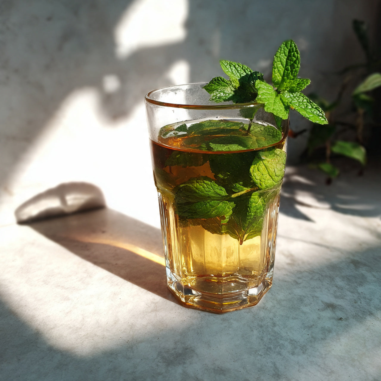 Hot Moroccan mint tea in glass.
