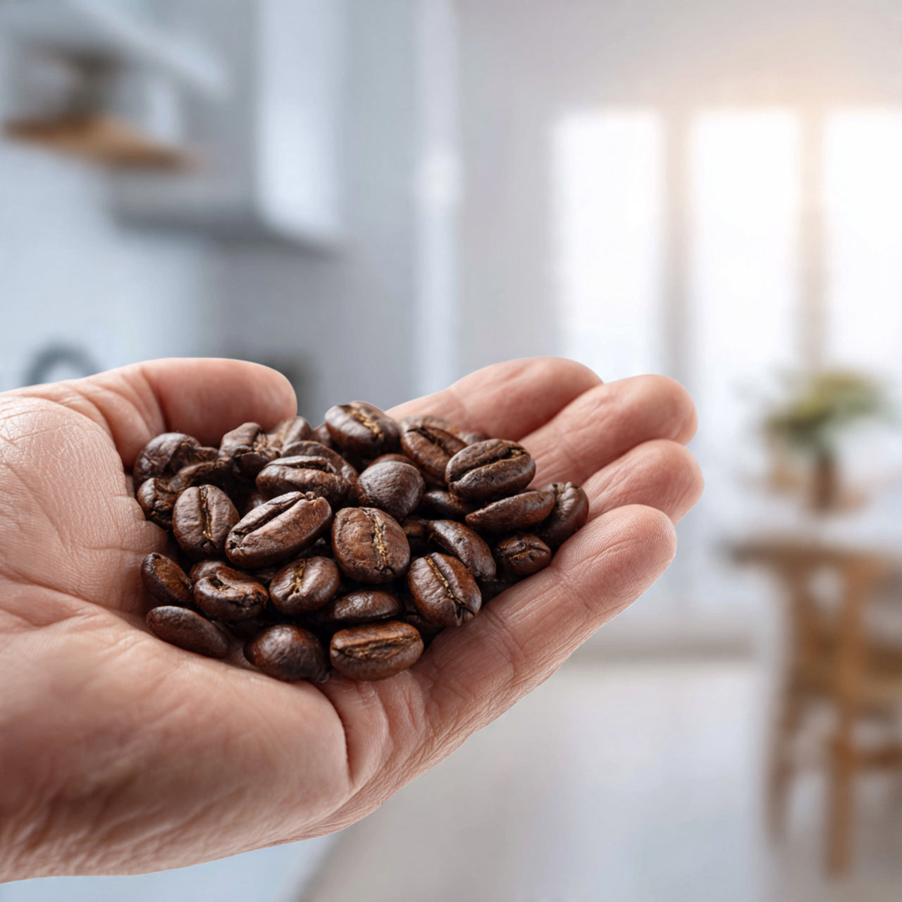 Hand holding mint coffee beans with a blurred indoor background