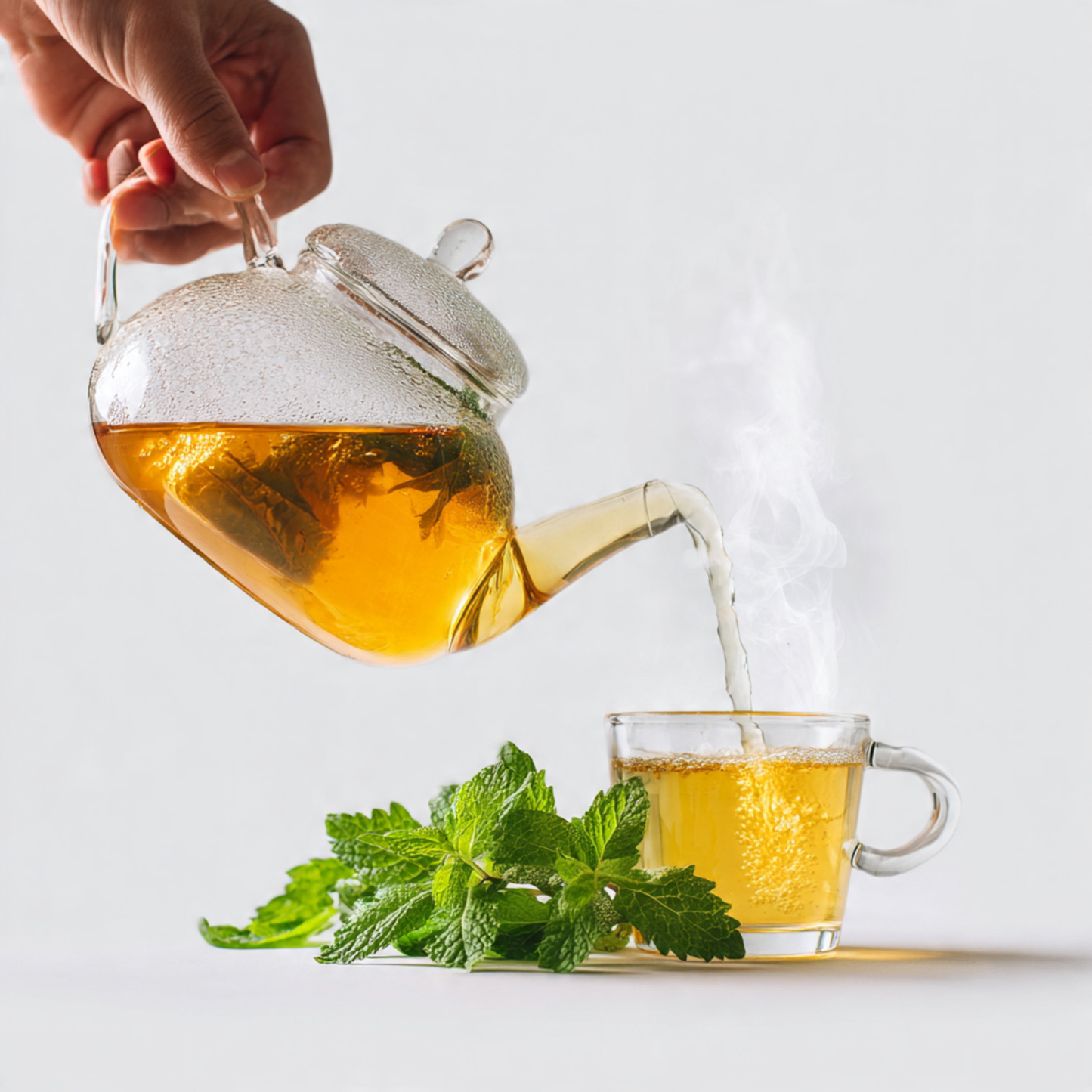 moroccan-mint-tea being poured from a glass teapot into a cup with a white background