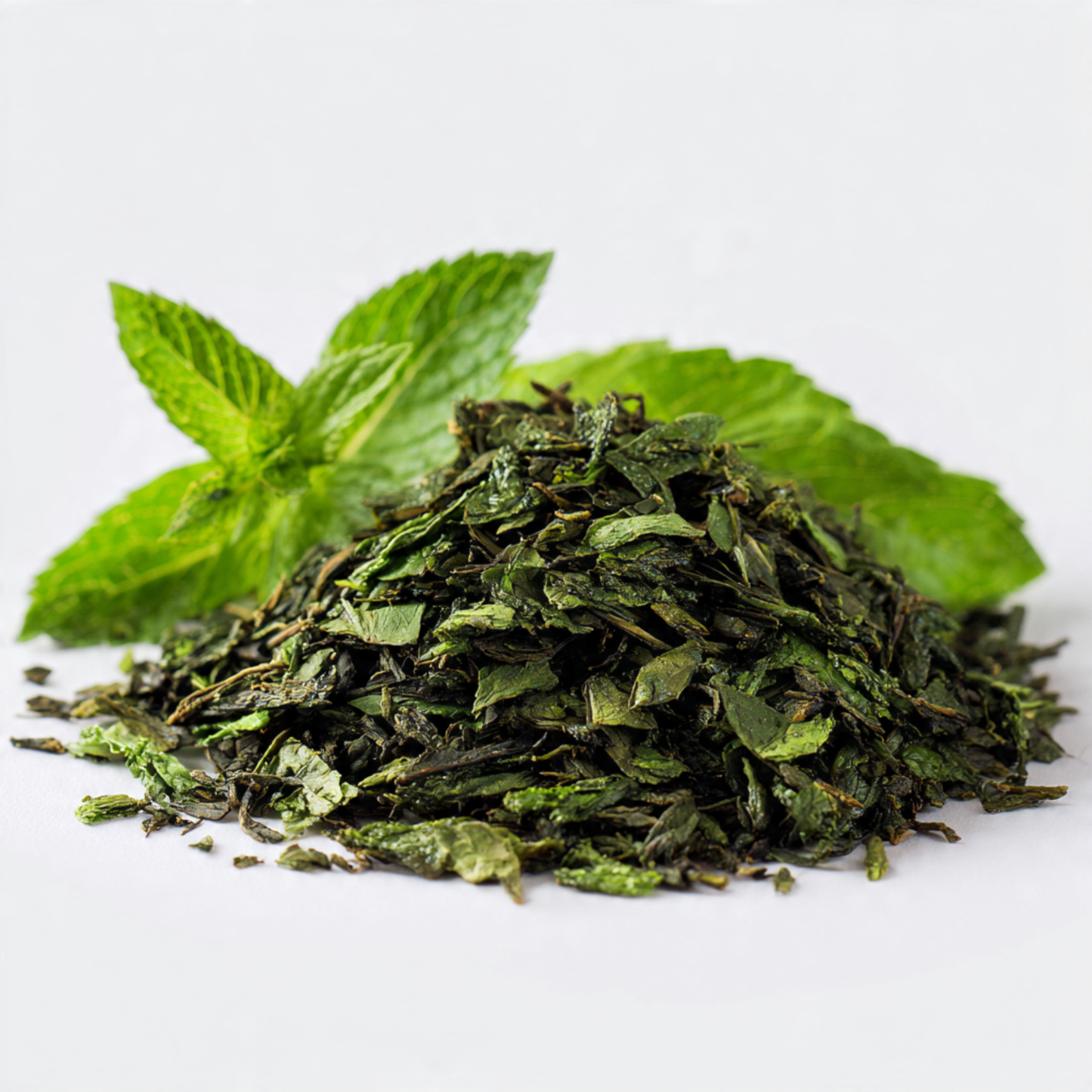 Dry green moroccan mint tea leaves with fresh mint leaves on a white background