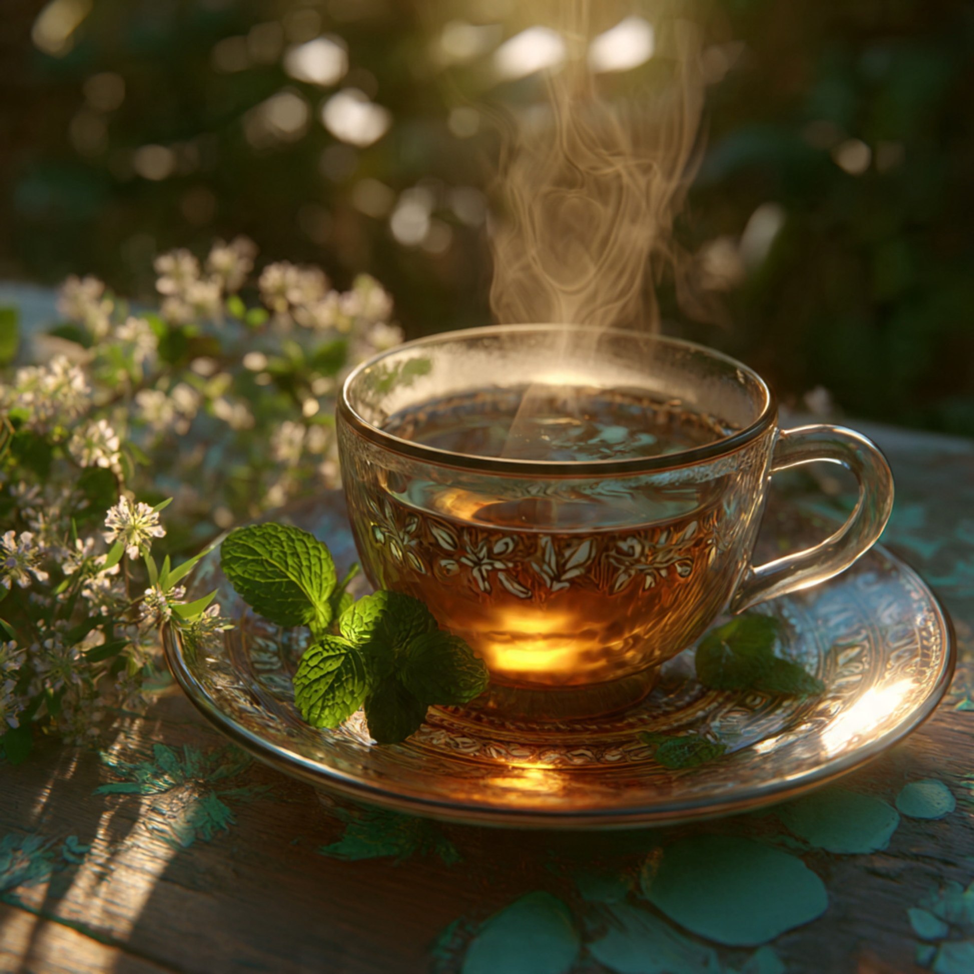 Steaming cup of moroccan-mint- tea on a saucer with mint leaves, surrounded by flowers and greenery.