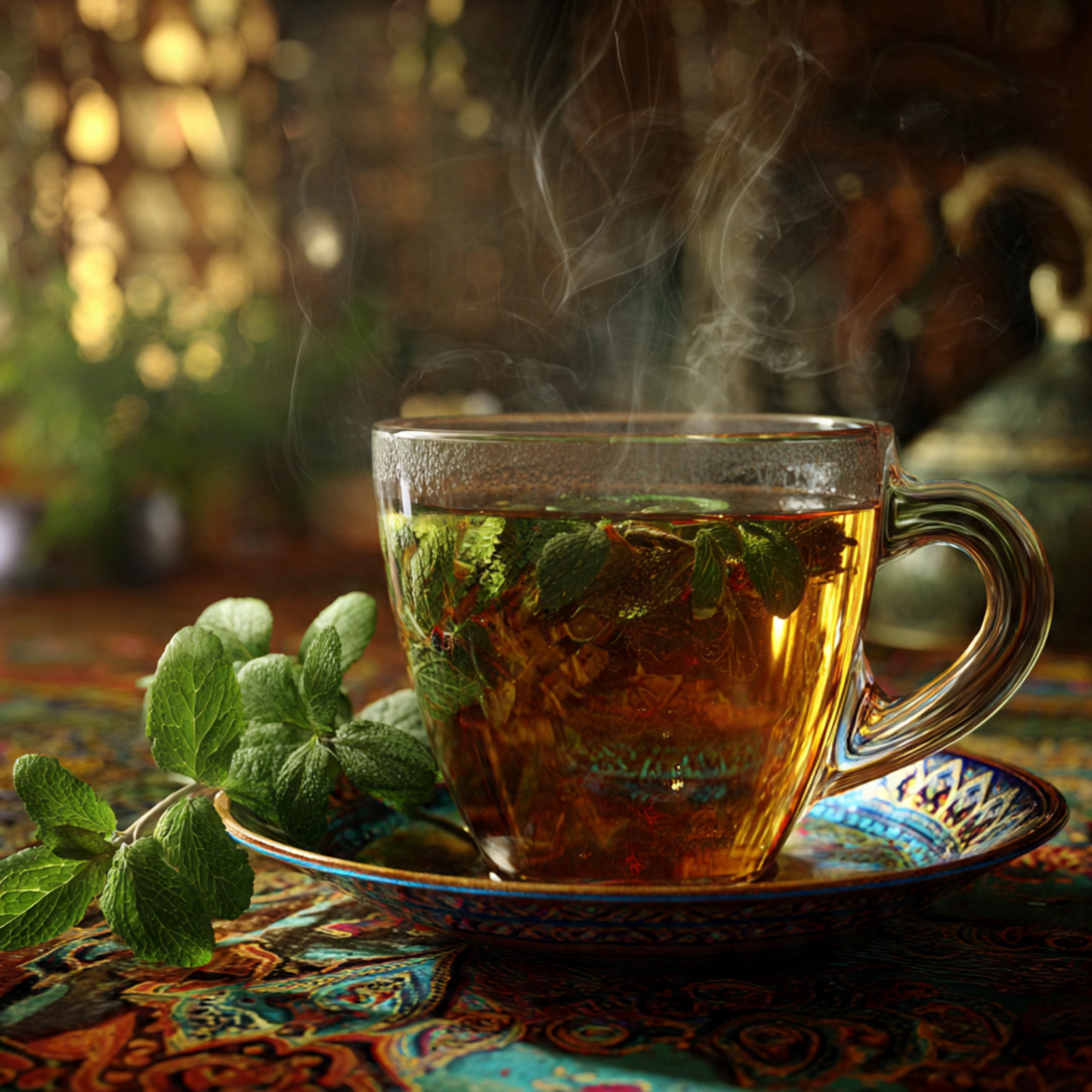 Steaming cup of moroccan-mint- tea with mint leaves on a patterned tablecloth
