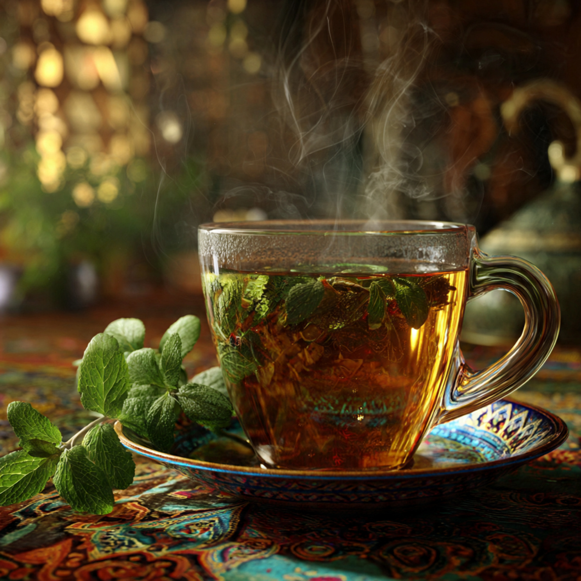 Steaming cup of moroccan-mint- tea with mint leaves on a patterned tablecloth