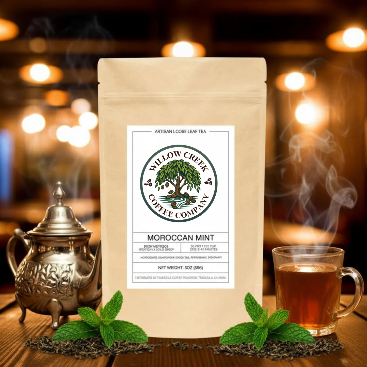 Willow Creek Coffee Company Moroccan Mint tea package with a teapot and glass of tea on a wooden surface.