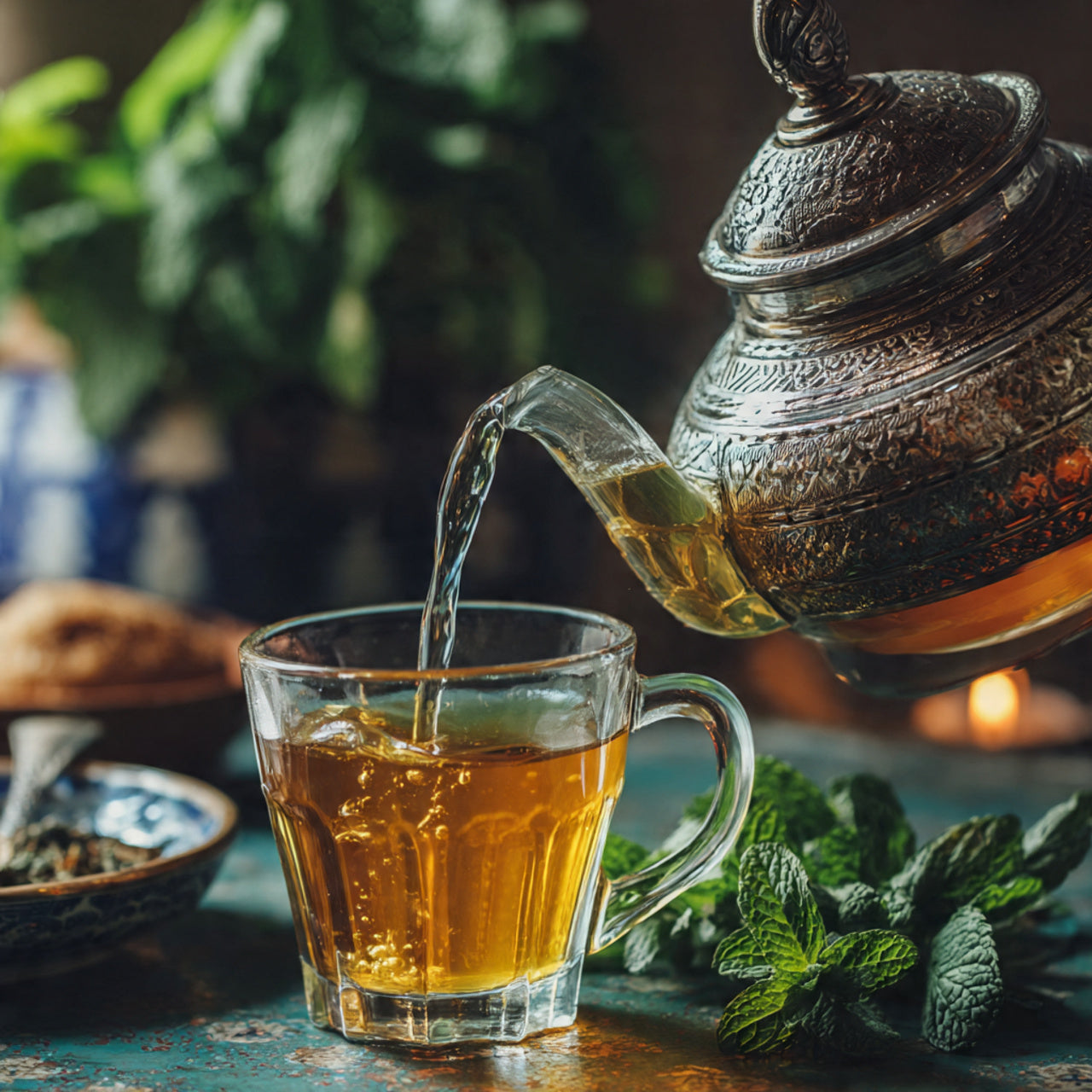 Moroccan mint tea being poured into glass.