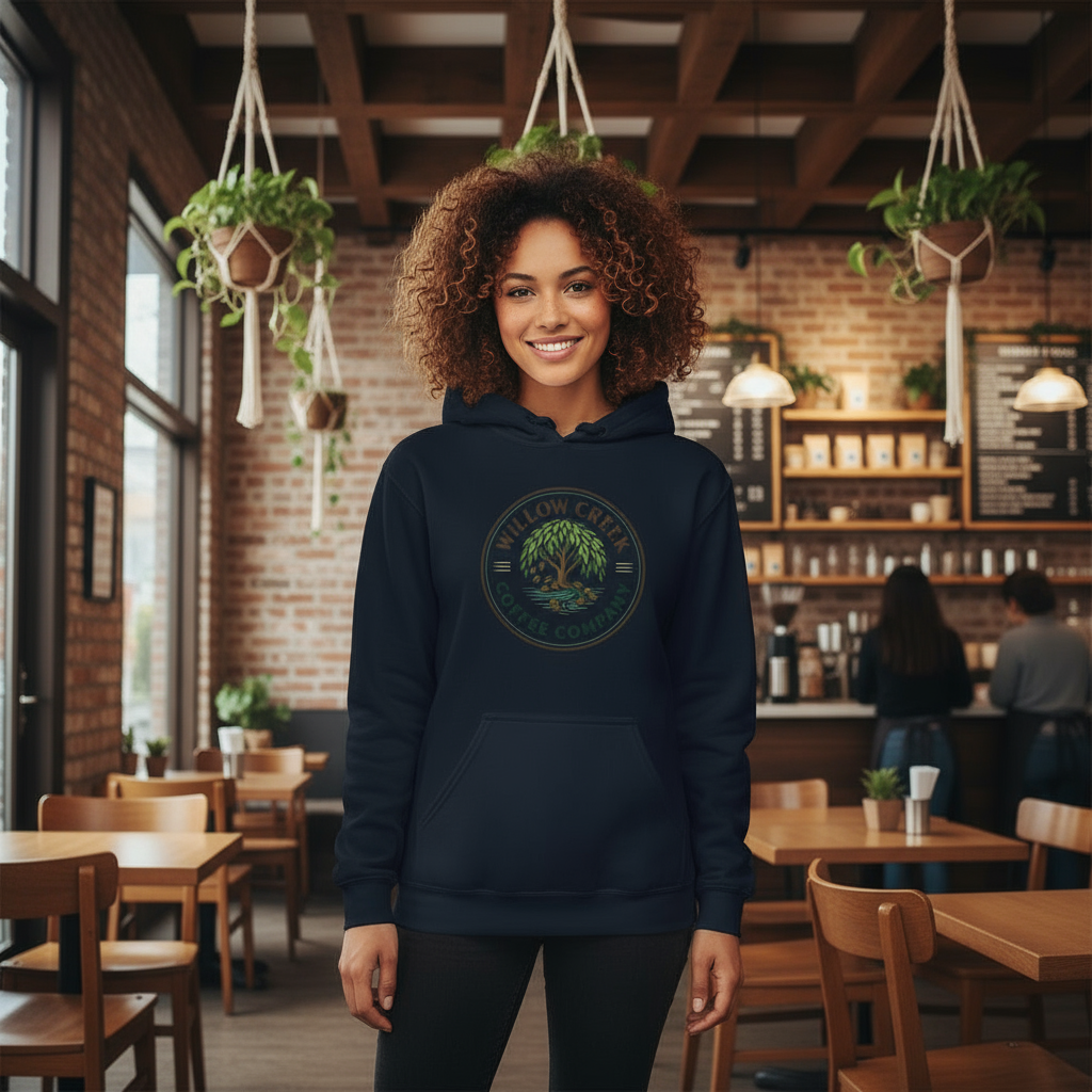 Navy hoodie with model