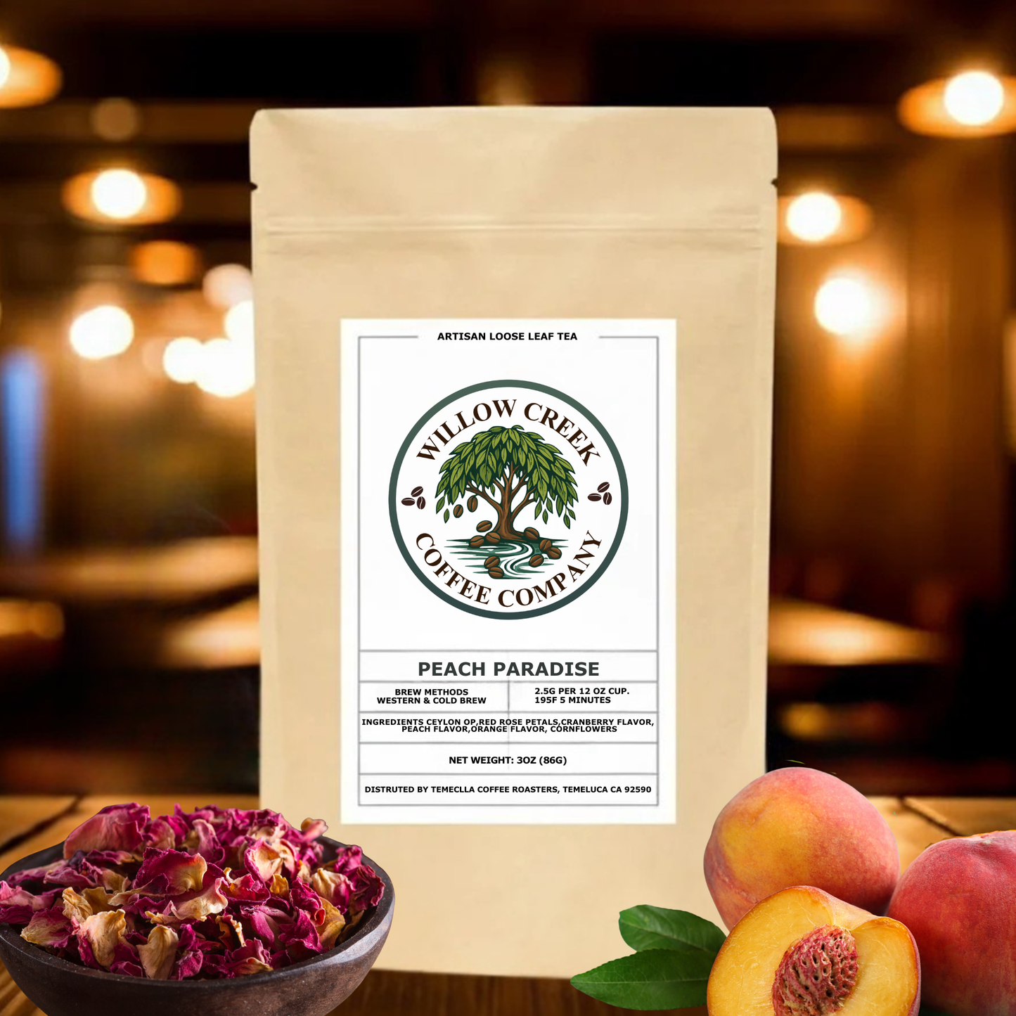 Willow Creek Coffee Company peach paradise coffee package with peaches and flowers on a blurred background