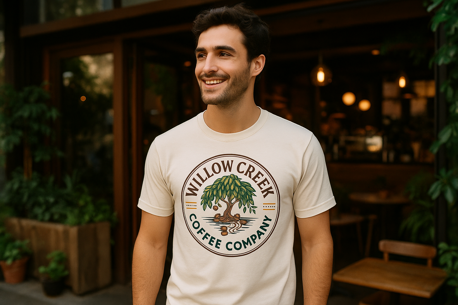 Person wearing t-shirt with new logo