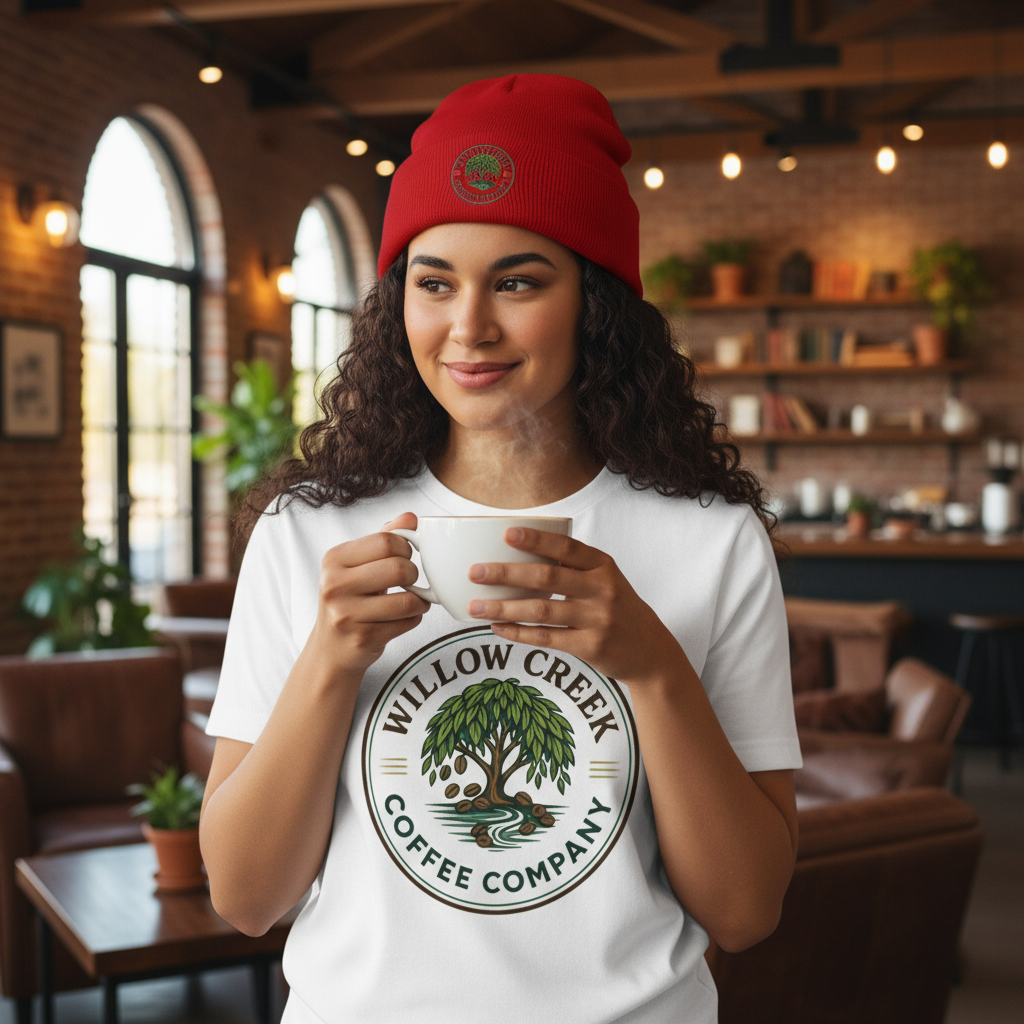 Person with tee and beanie holding coffee