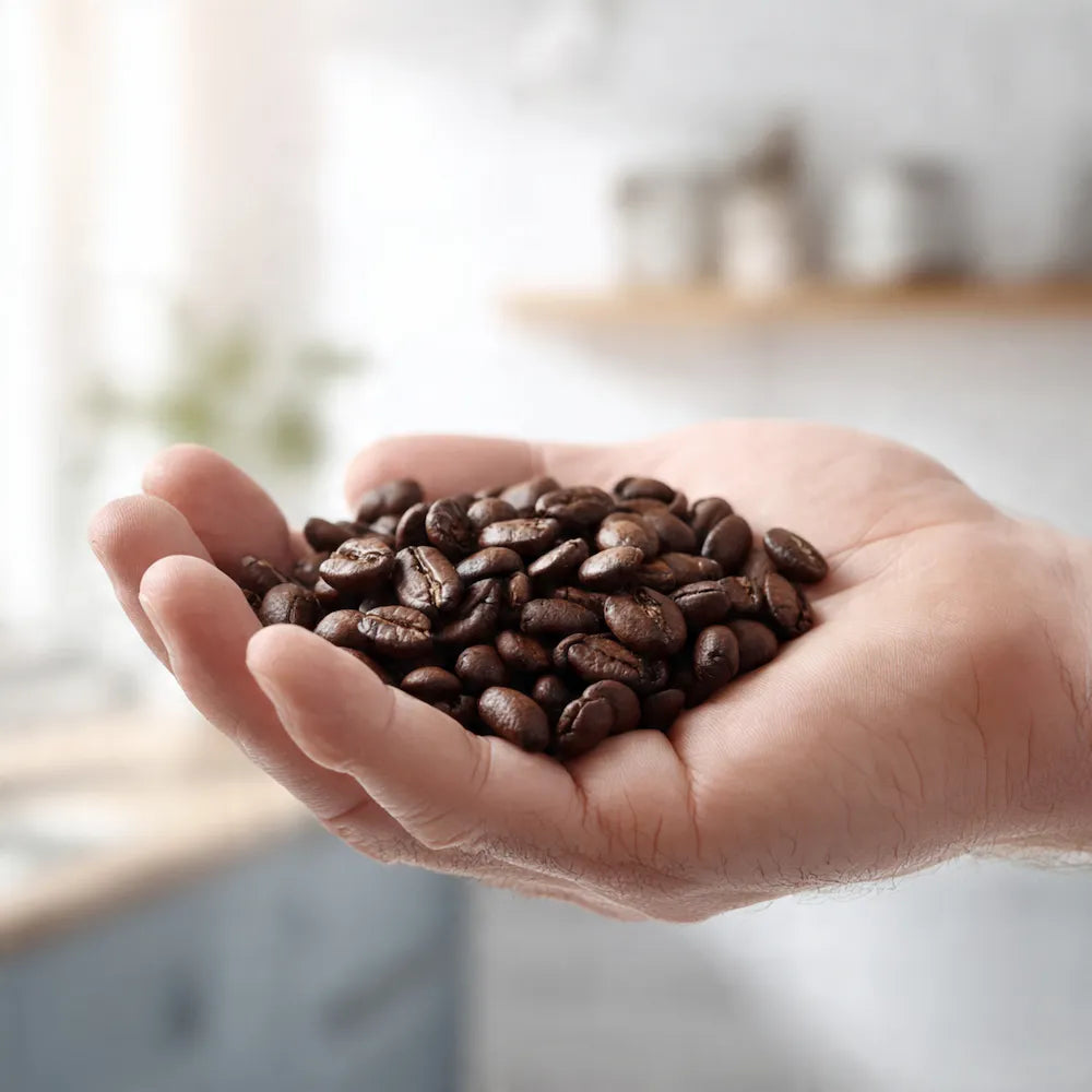 Hand holding Peru Decaf coffee beans with a blurred kitchen background