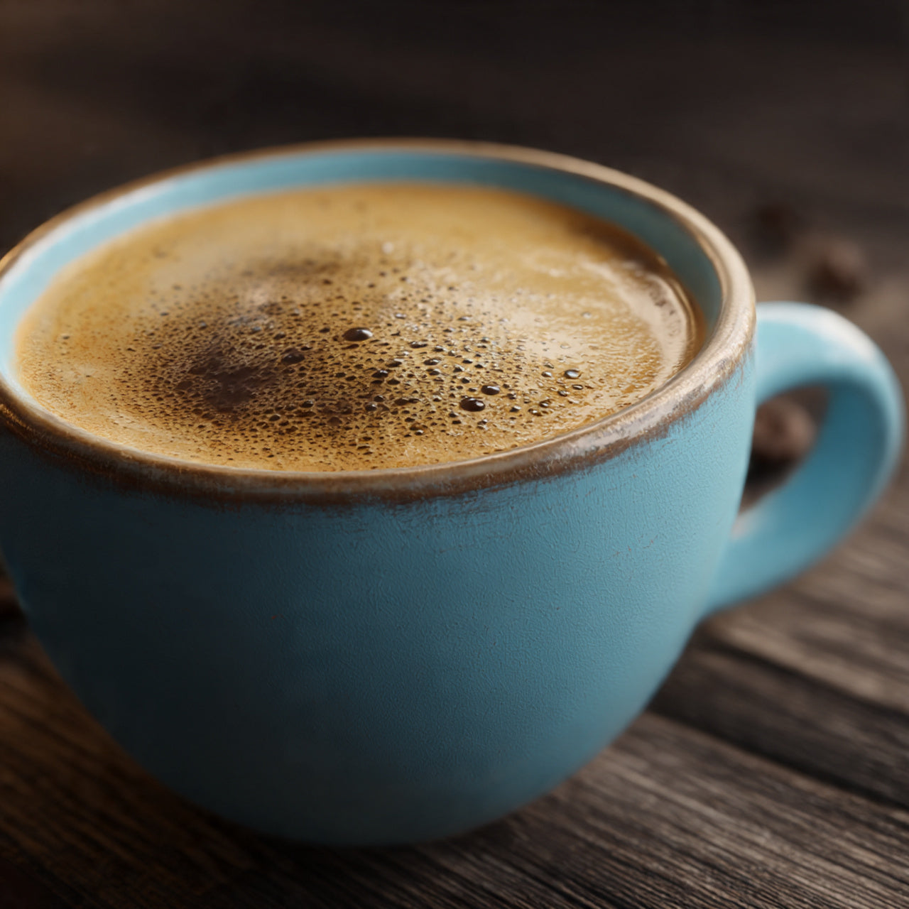 Blue mug filled with a frothy coffee on a wooden surface