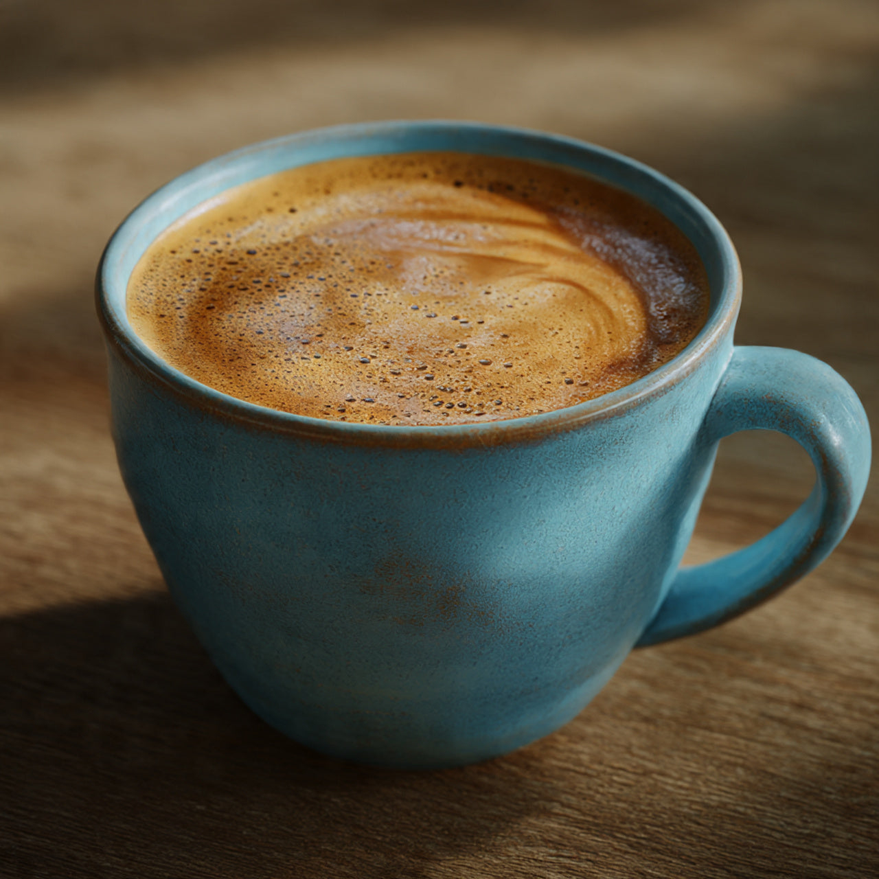 Blue mug with a hot beverage on a wooden surface