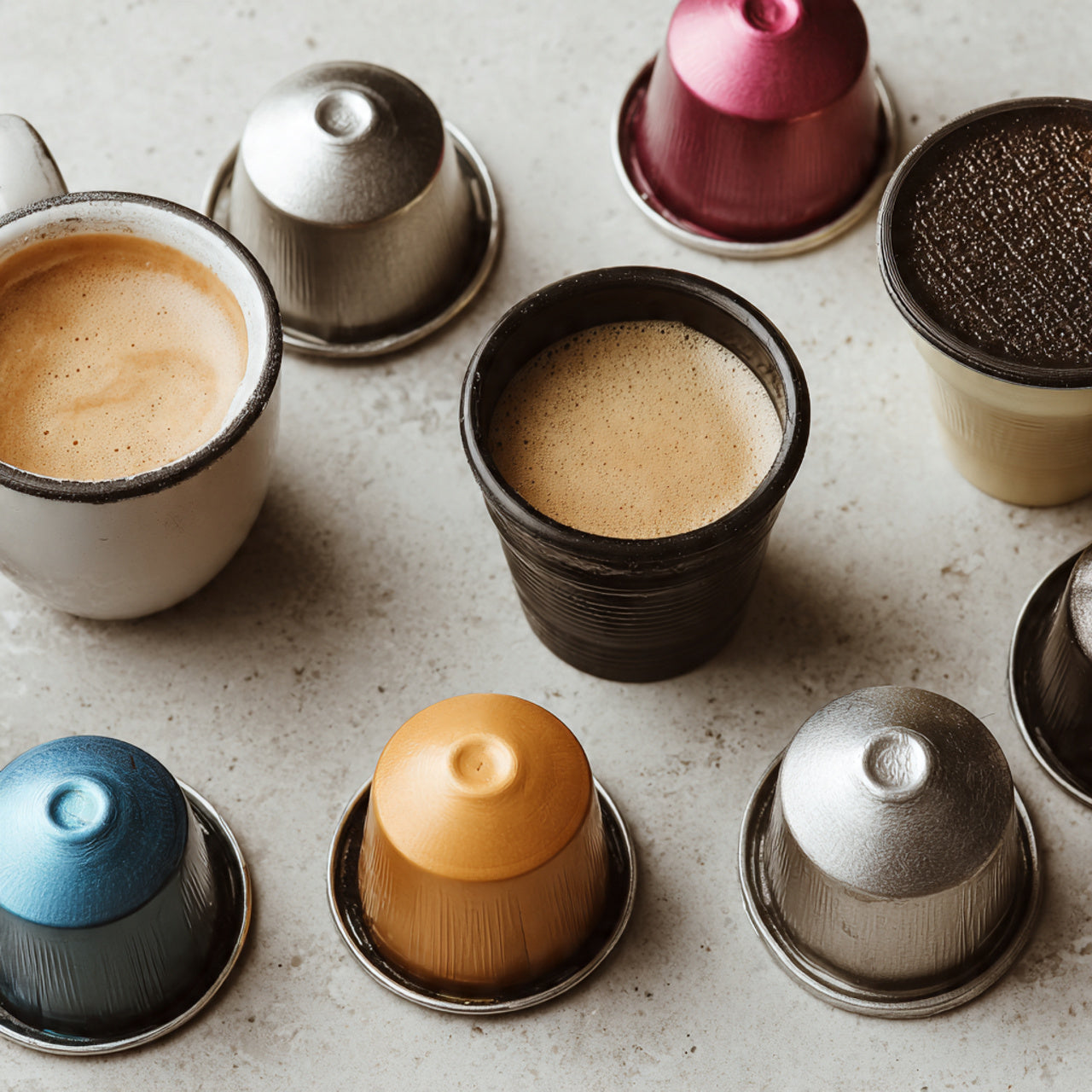 Various coffee capsules and a cup of peru coffee on a textured surface