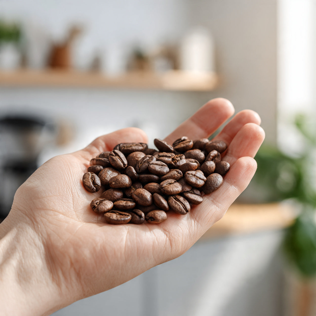 Hand holding  peru coffee beans with a blurred kitchen background
