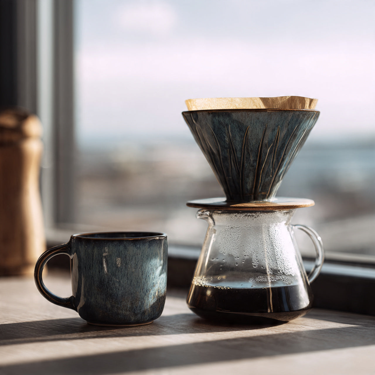 pour-over peru coffee by window
